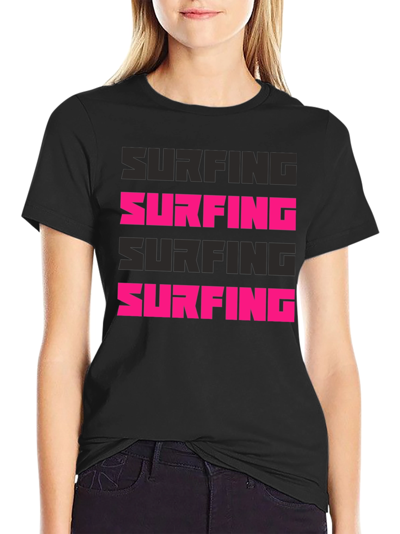 Surfing Graphic Print Black T-Shirt