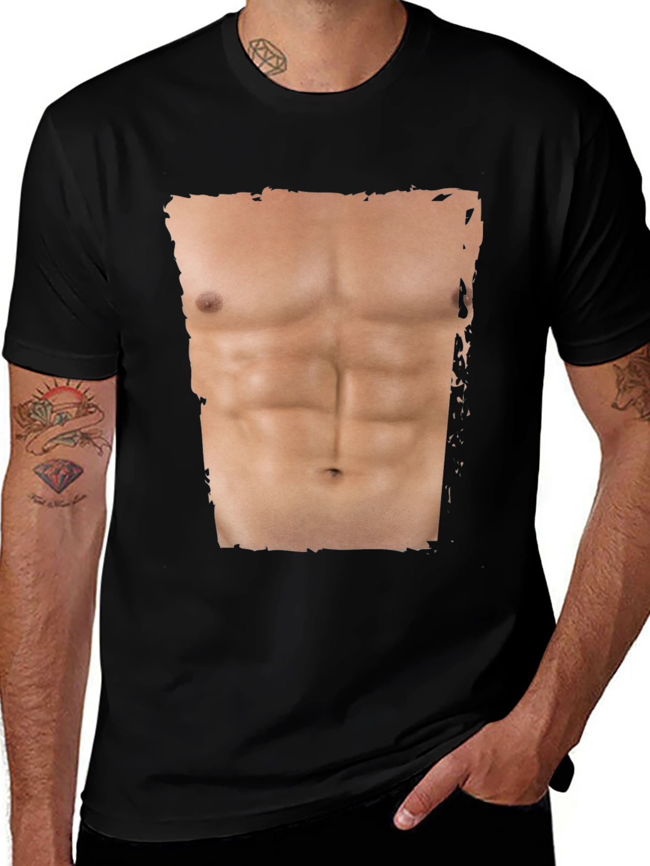 Mens Funny Abs Print T-Shirt - Black