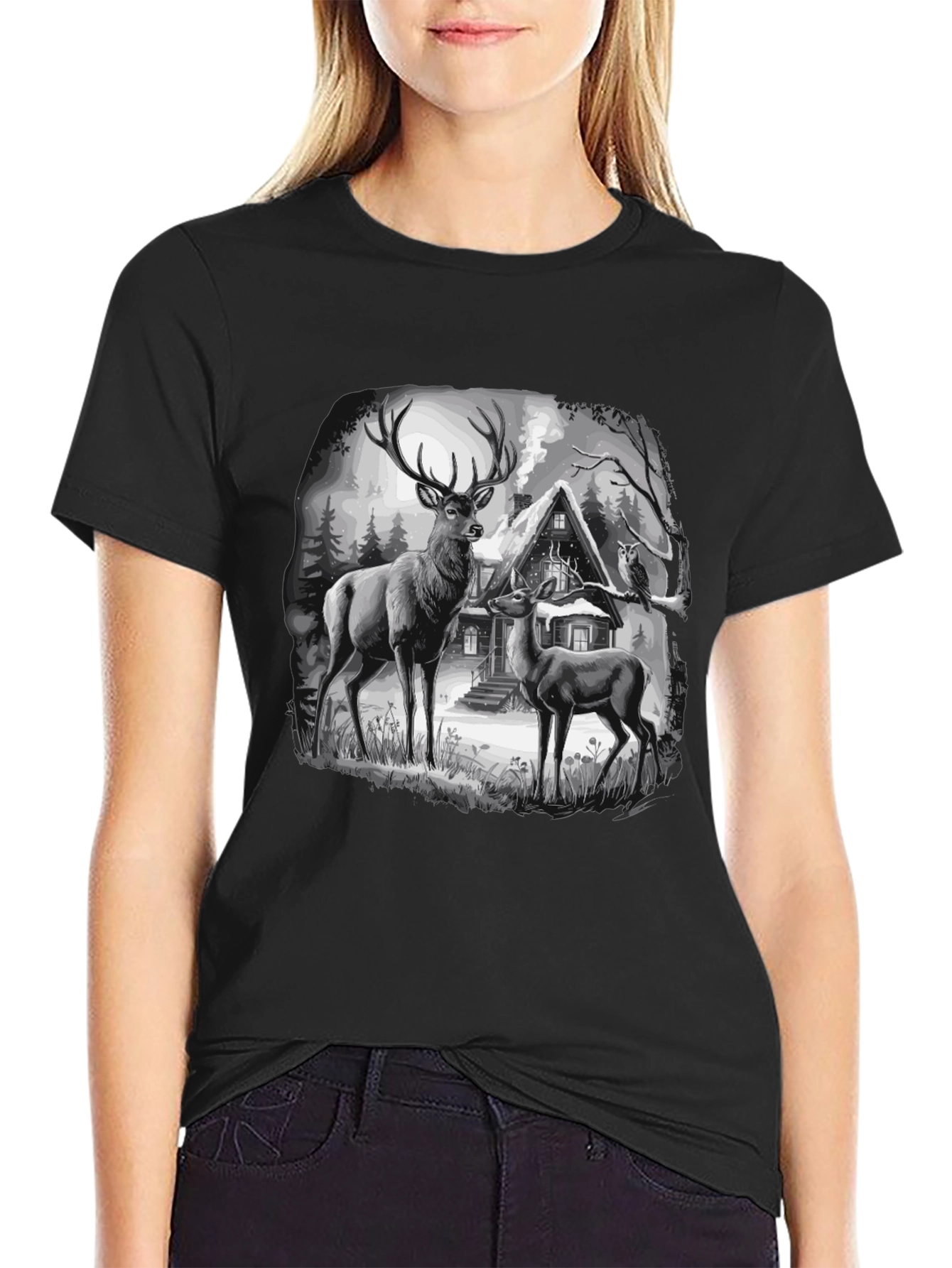 Deer in Winter Scene Graphic T-Shirt
