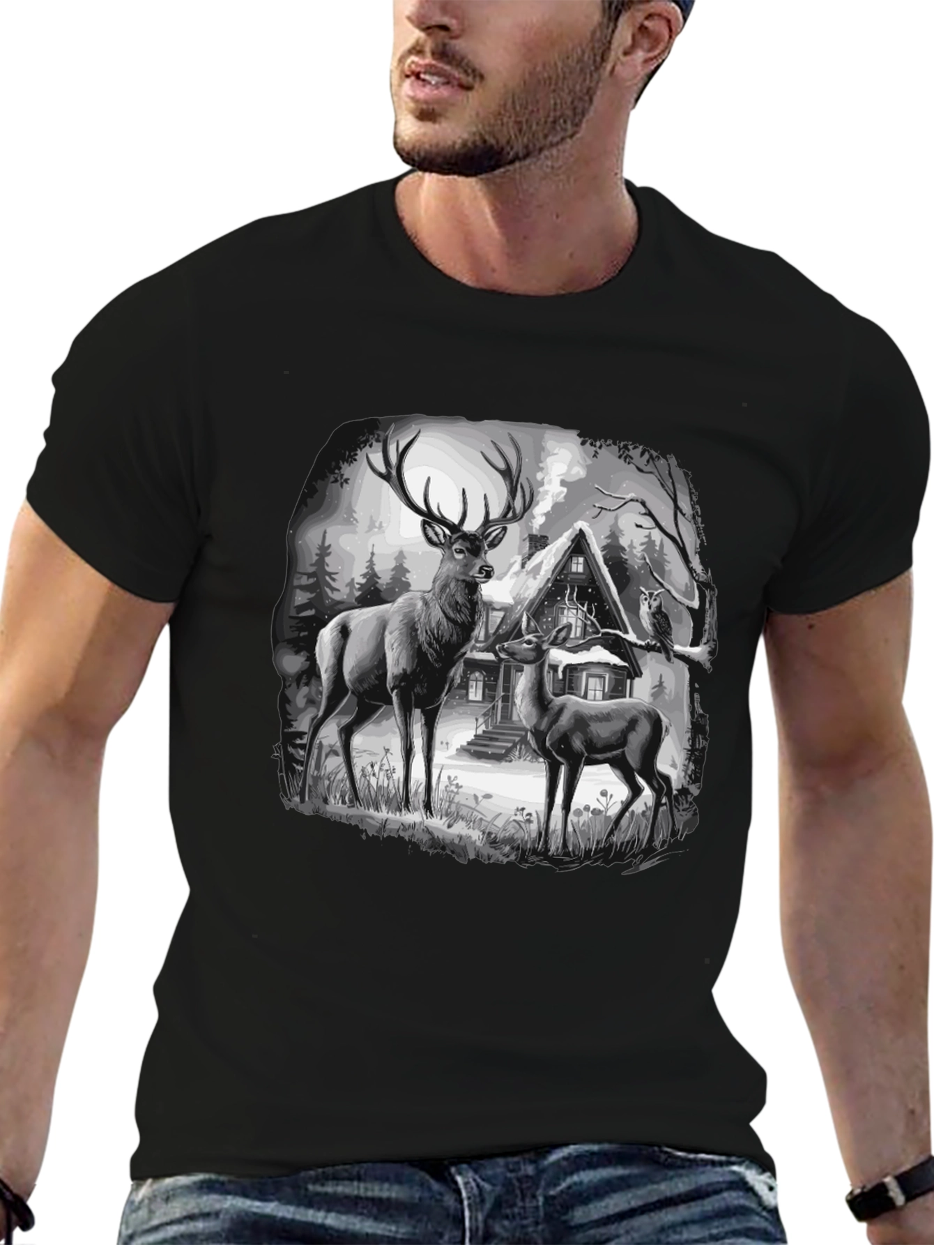 Deer in Winter Scene Graphic T-Shirt
