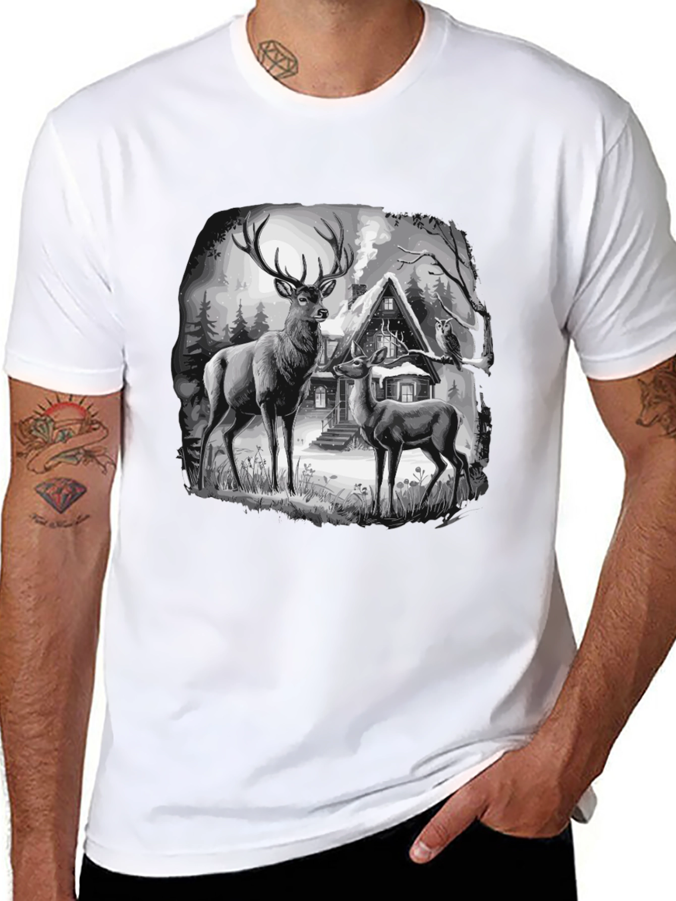 Deer in Winter Scene Graphic T-Shirt