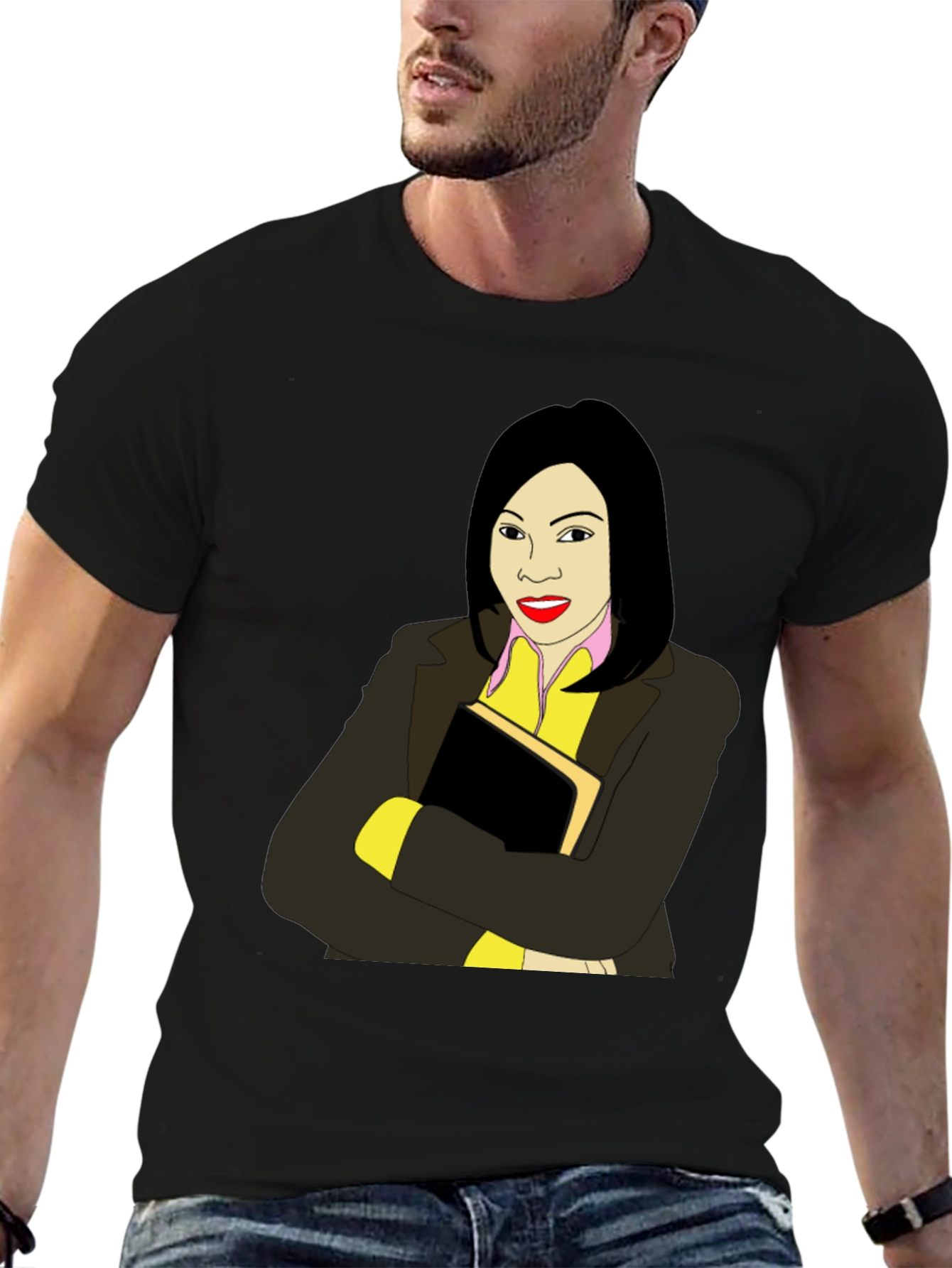 Illustrated Woman on Black T-Shirt