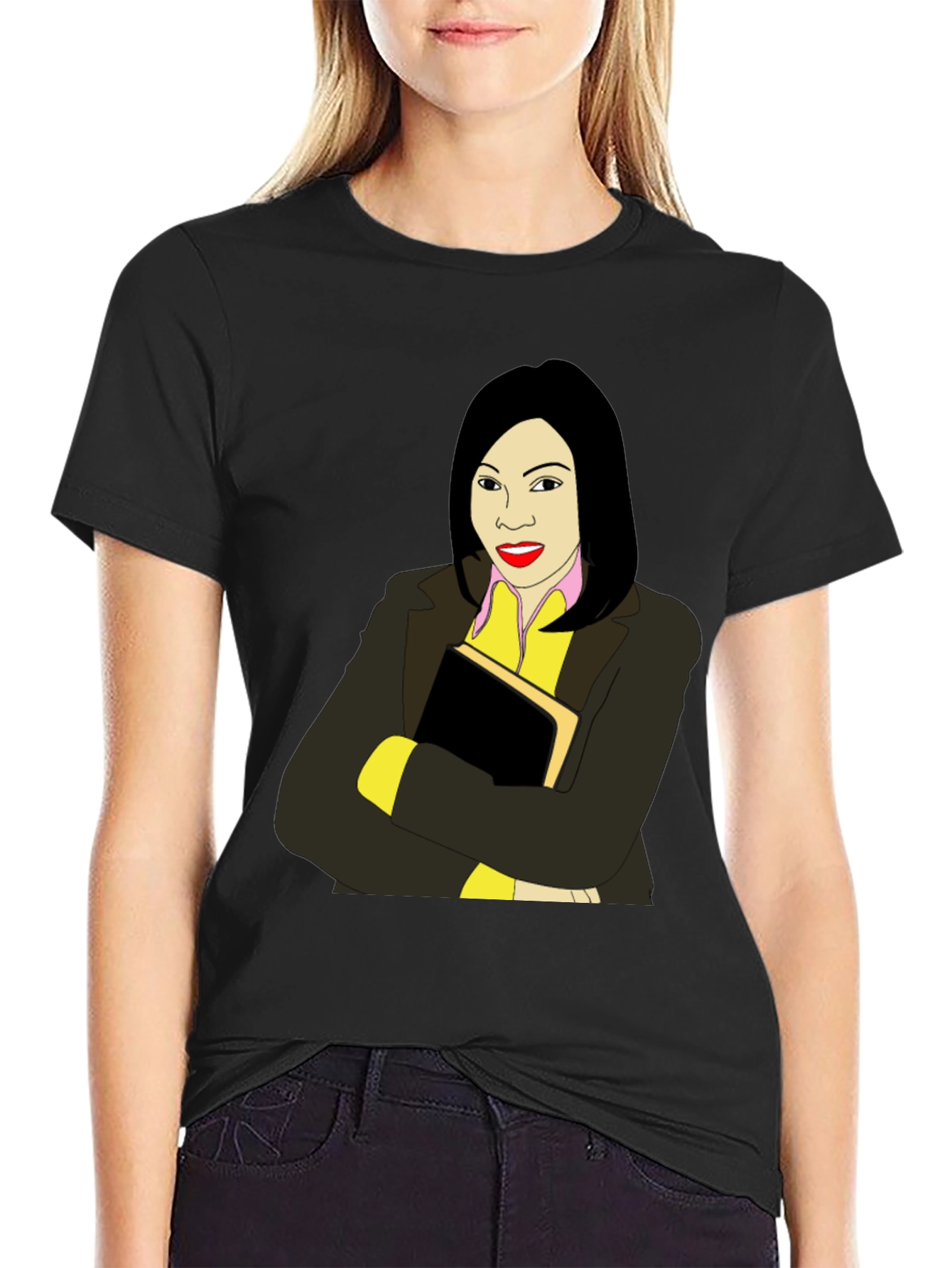 Illustrated Woman on Black T-Shirt