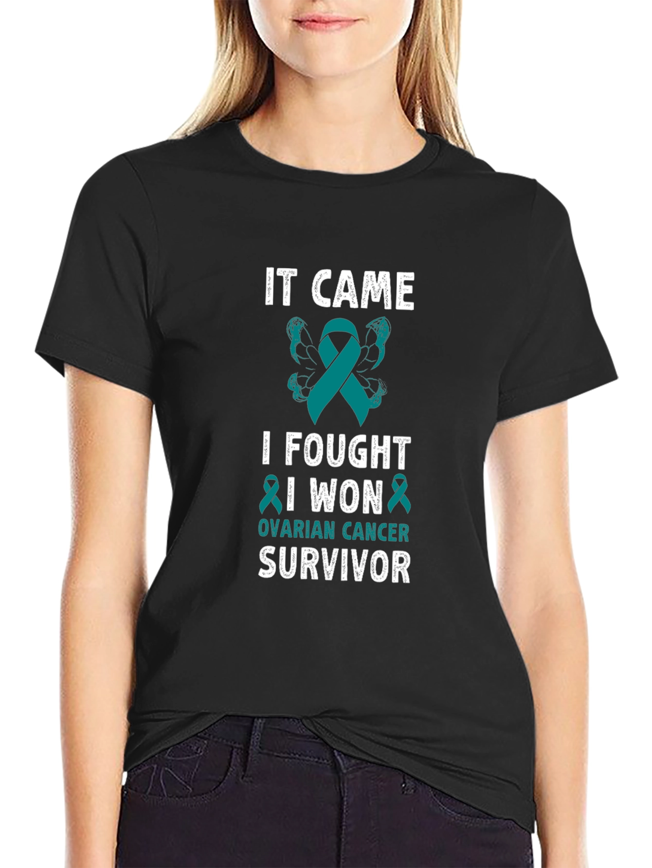 Ovarian Cancer Survivor T-Shirt Teal Ribbon