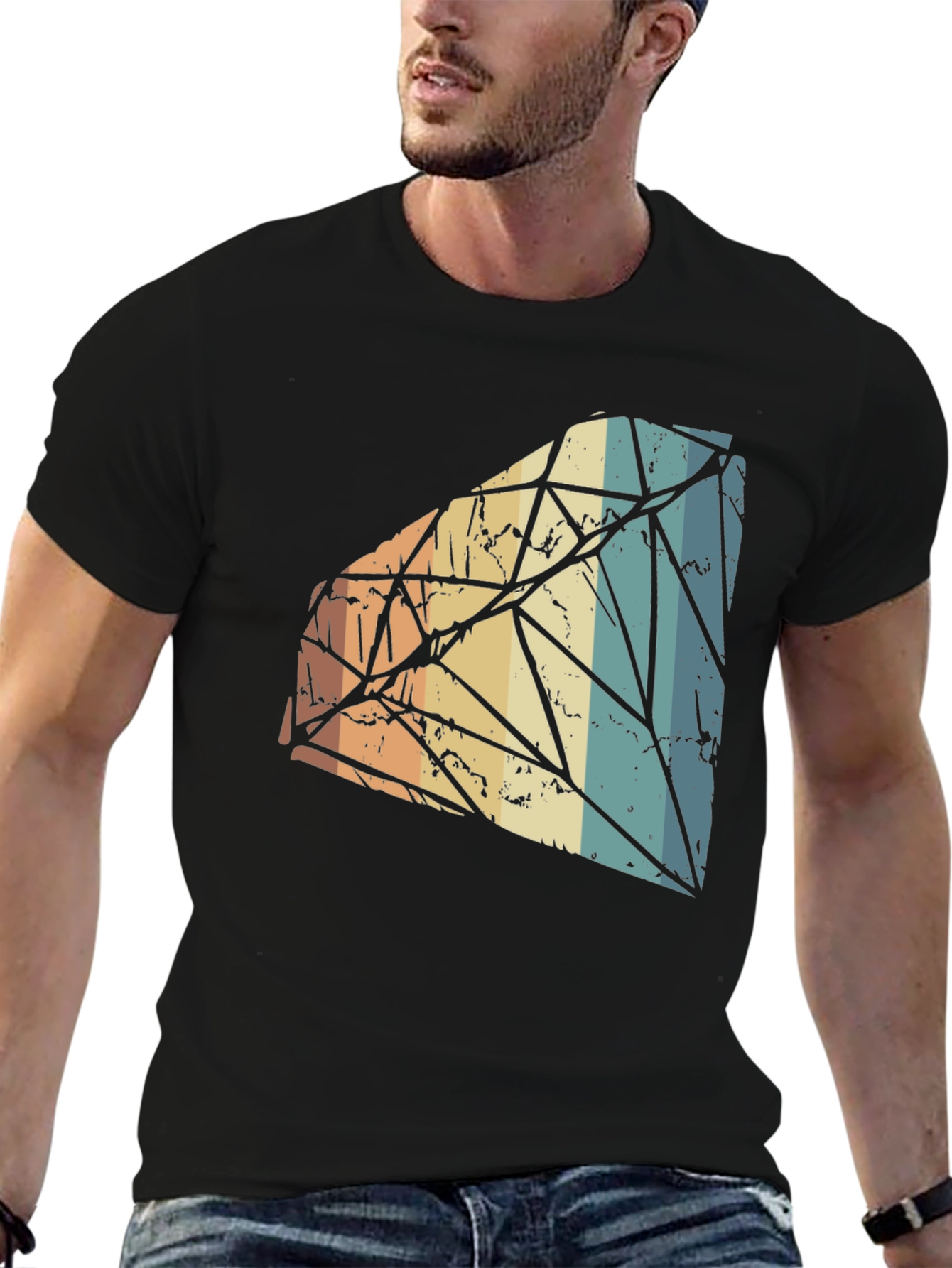 Retro Diamond Graphic Tee - Black Cotton Blend T-Shirt
