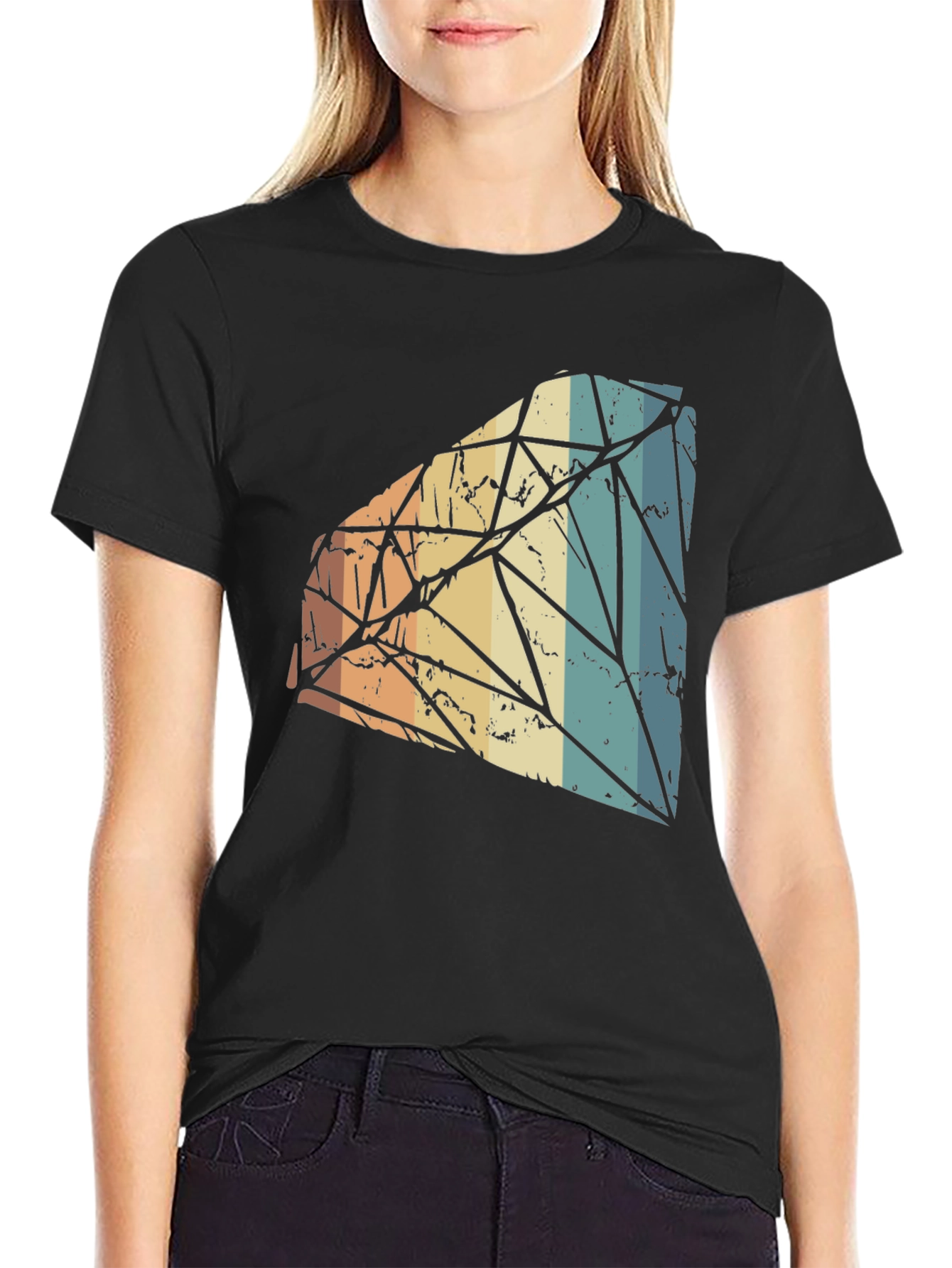 Retro Diamond Graphic Tee - Black Cotton Blend T-Shirt