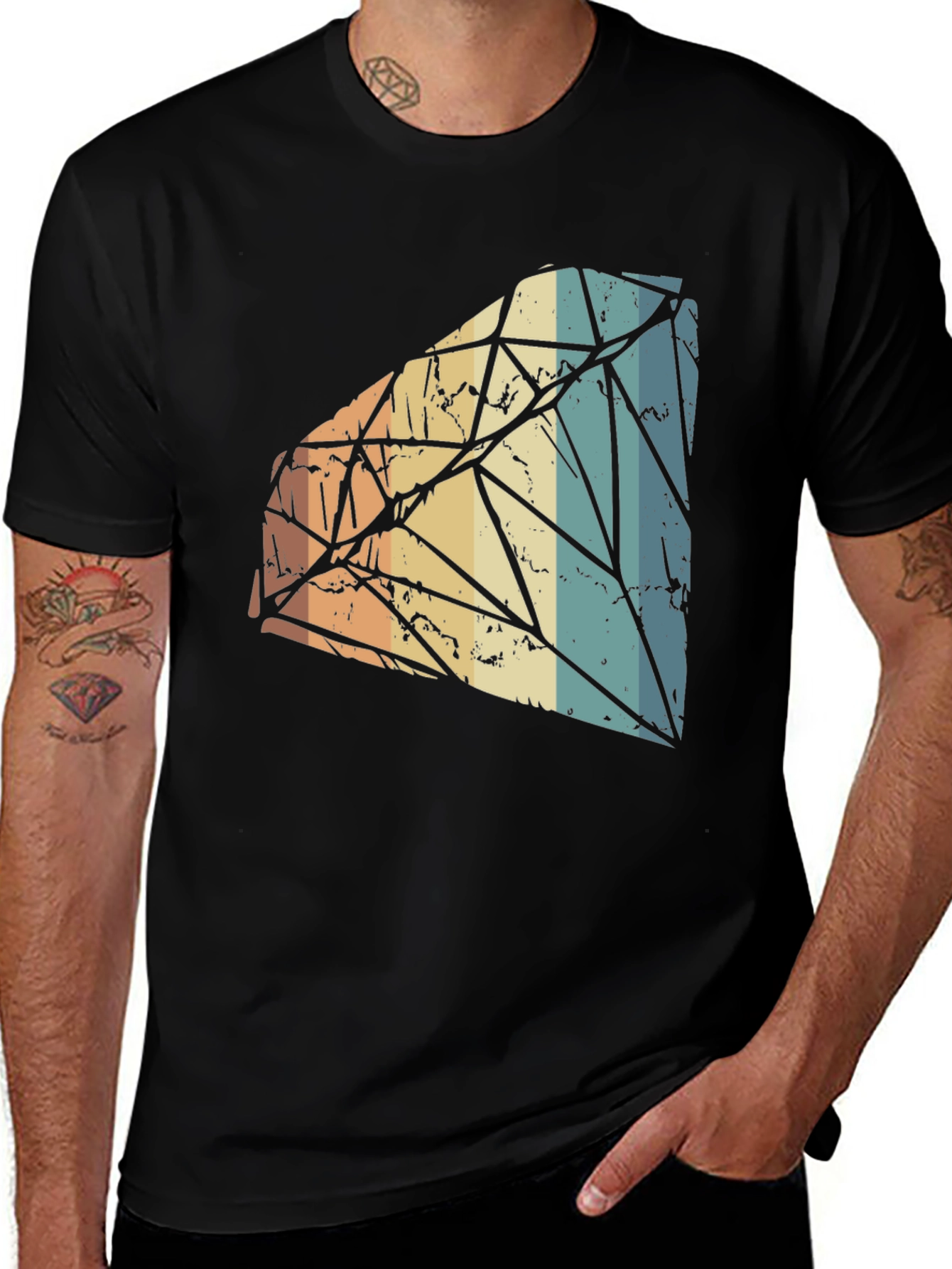 Retro Diamond Graphic Tee - Black Cotton Blend T-Shirt