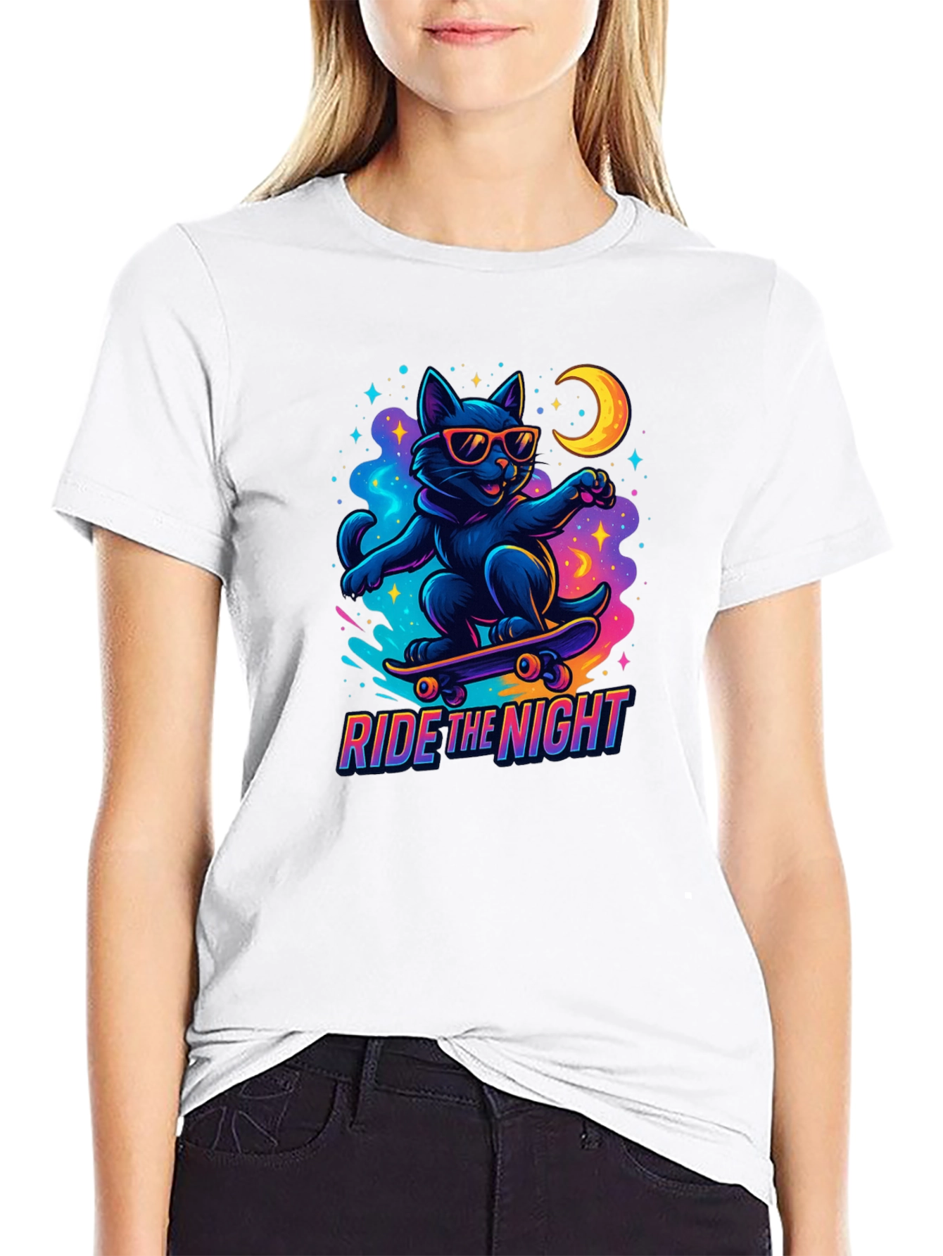 Ride the Night Black Cat Skateboard T-Shirt