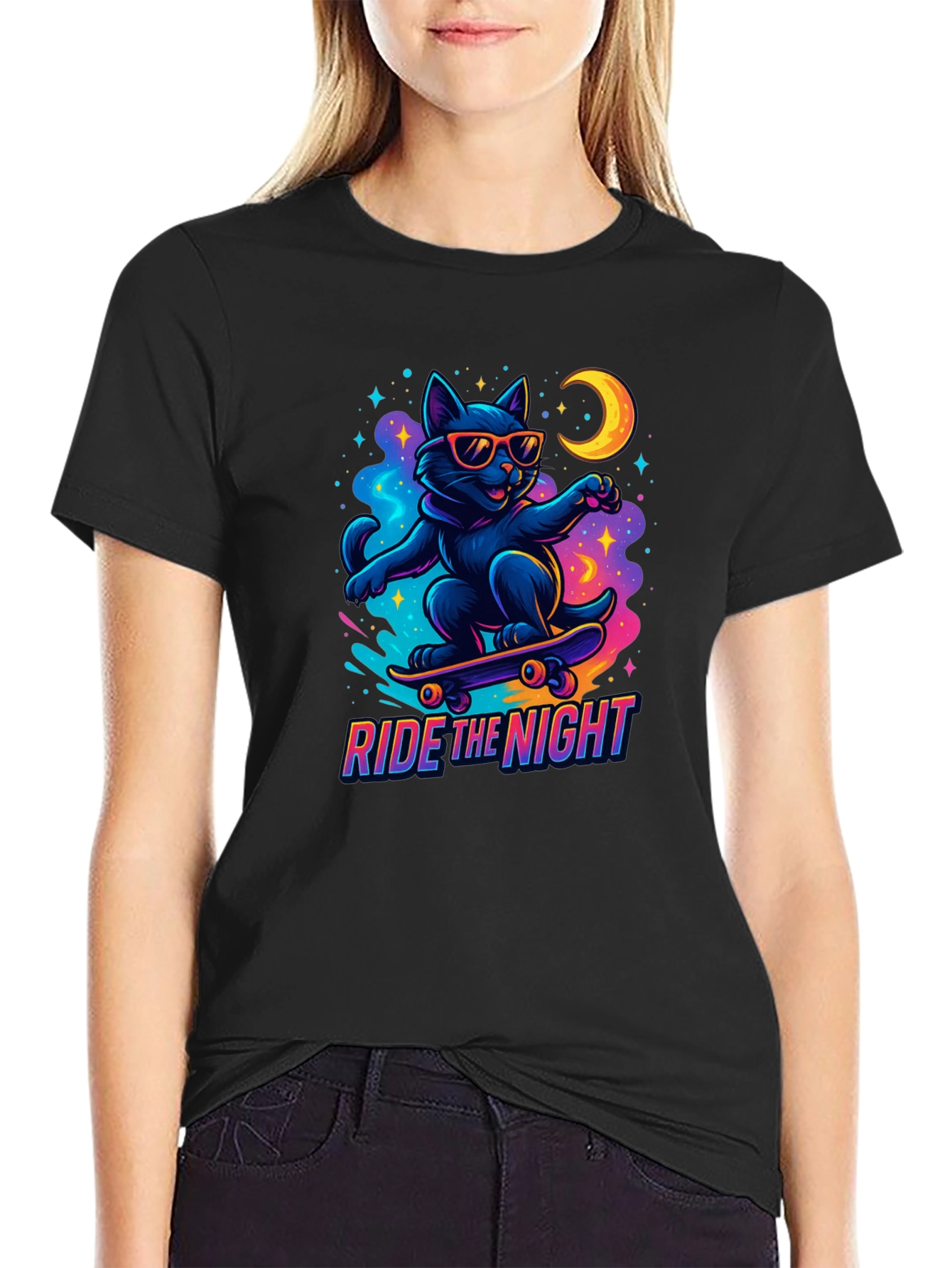 Ride the Night Black Cat Skateboard T-Shirt
