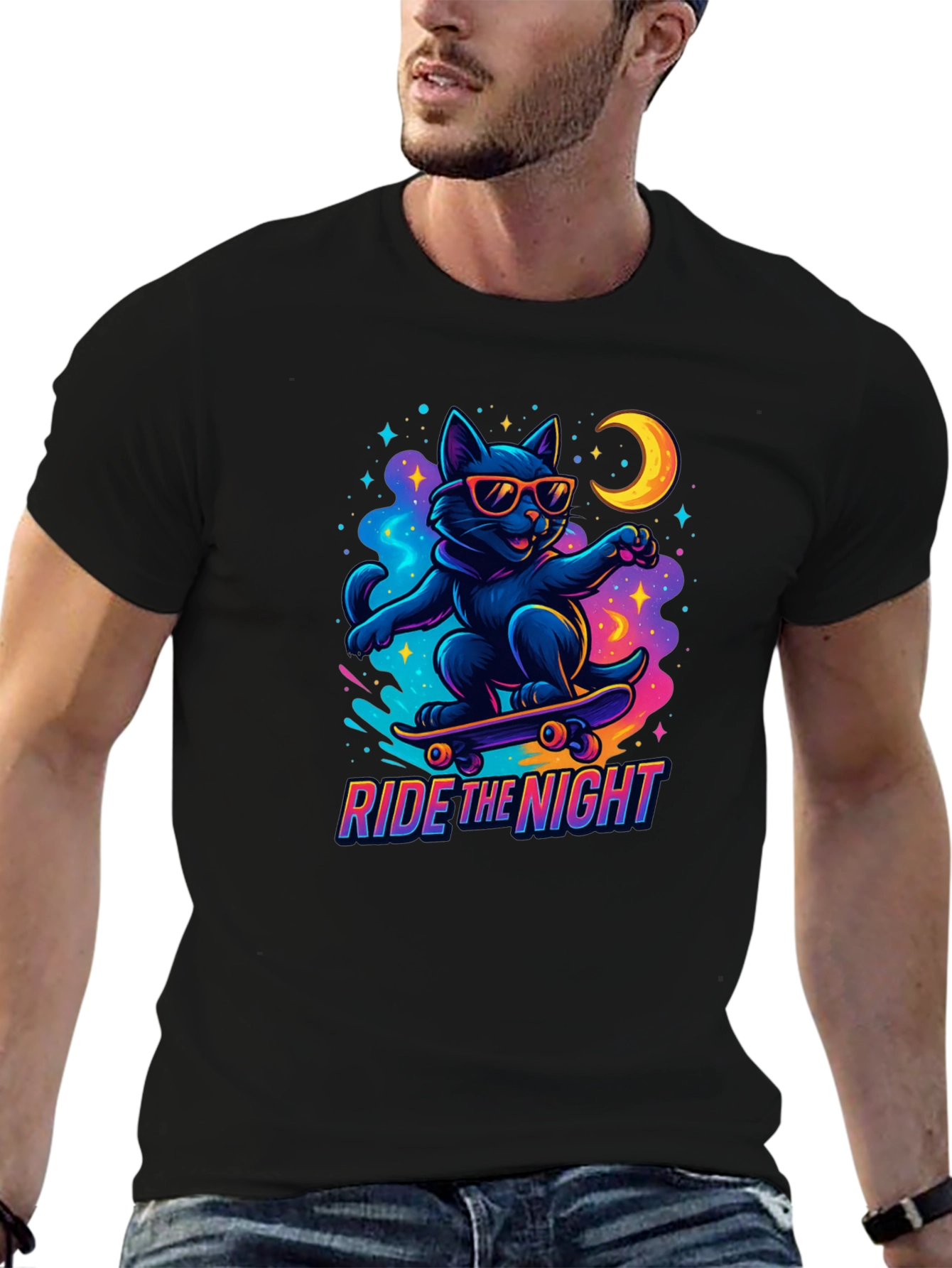 Ride the Night Black Cat Skateboard T-Shirt