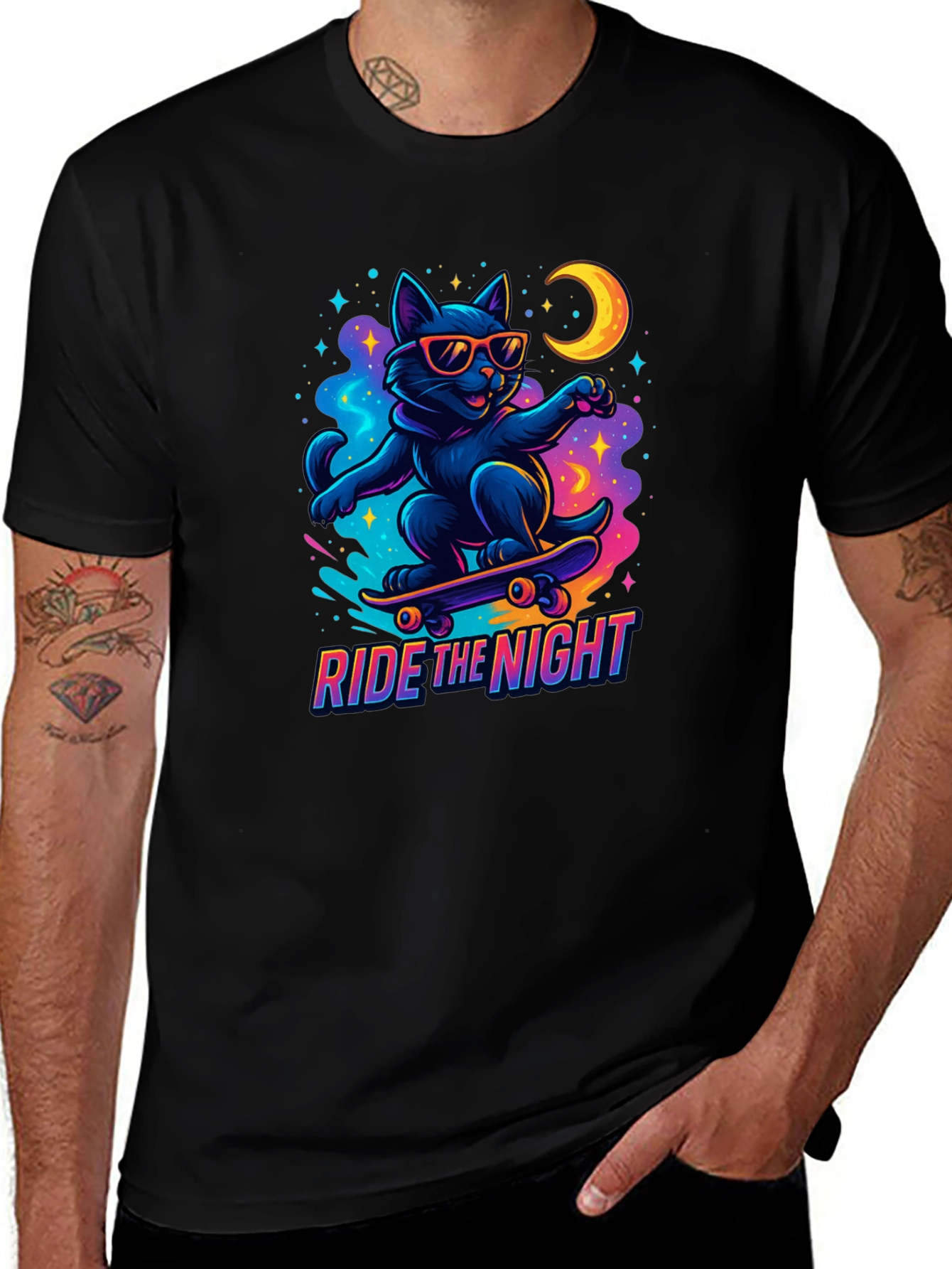 Ride the Night Black Cat Skateboard T-Shirt