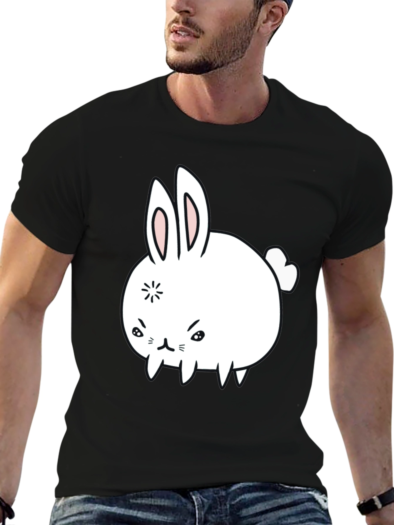 Funny Angry Bunny Graphic Tee - Black Cotton T-Shirt