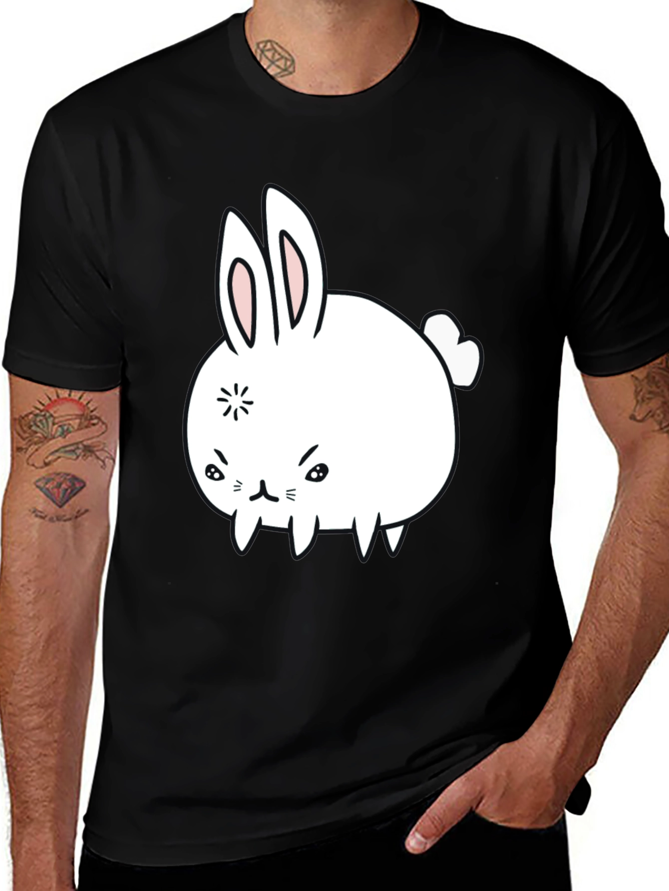 Funny Angry Bunny Graphic Tee - Black Cotton T-Shirt