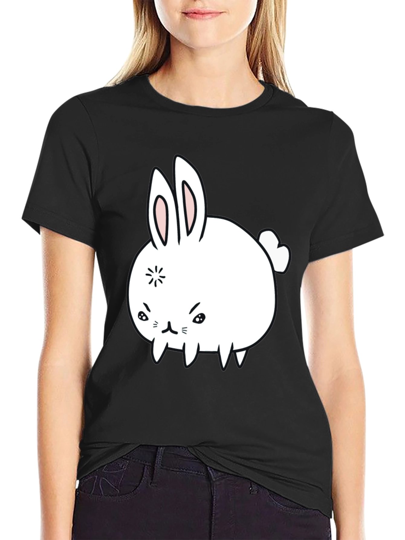 Funny Angry Bunny Graphic Tee - Black Cotton T-Shirt