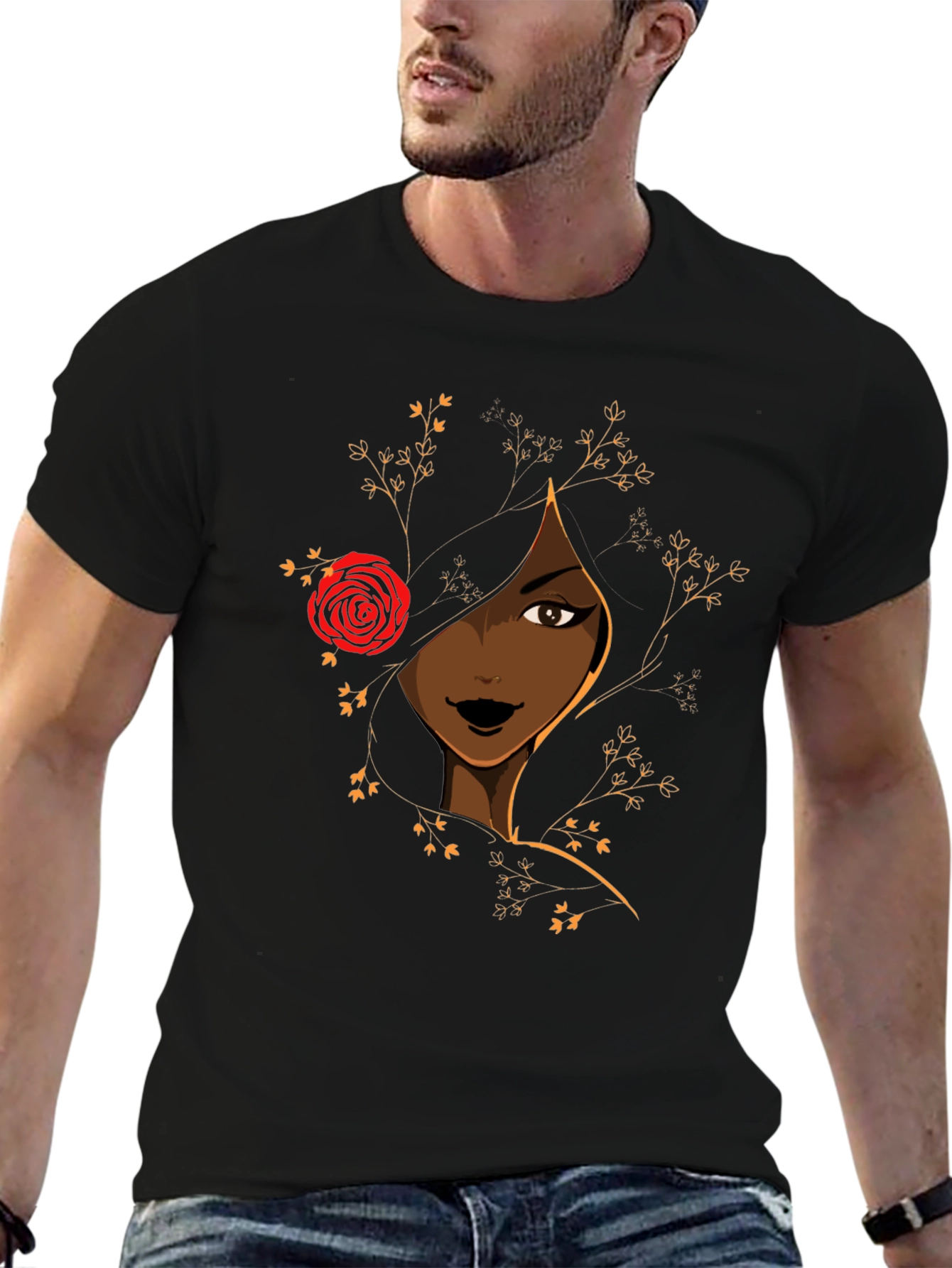 Elegant Woman with Rose Graphic Tee - Black