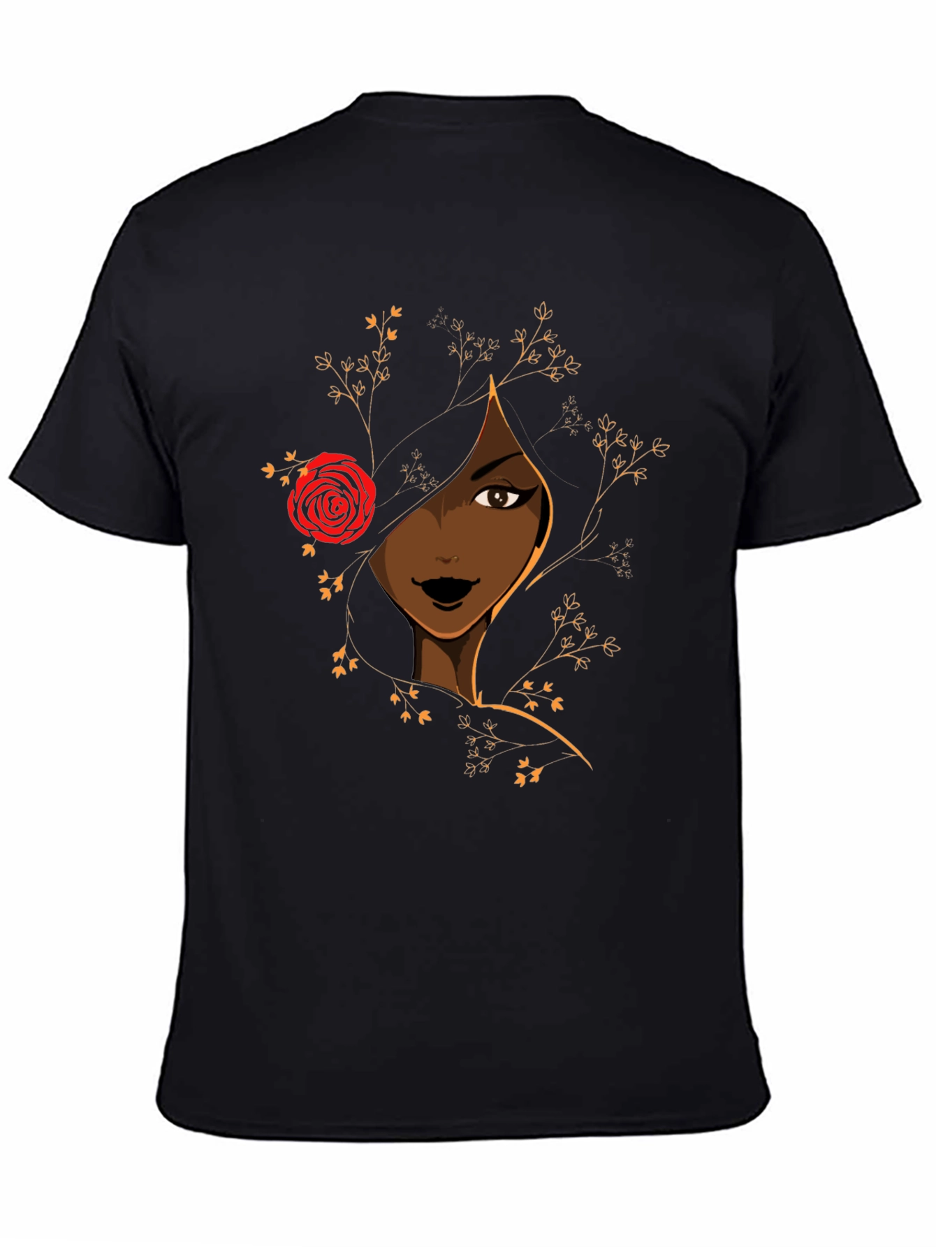 Elegant Woman with Rose Graphic Tee - Black