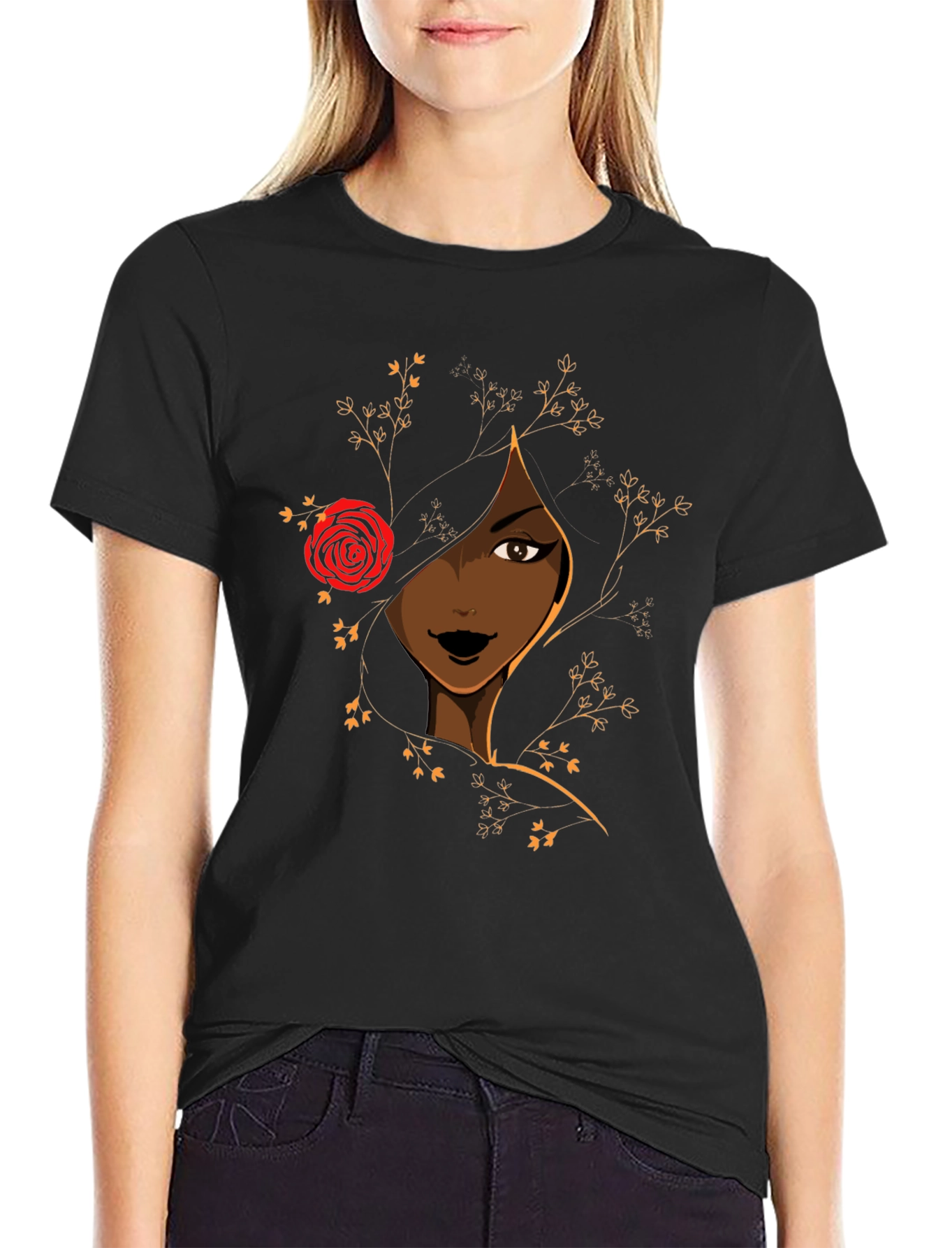 Elegant Woman with Rose Graphic Tee - Black
