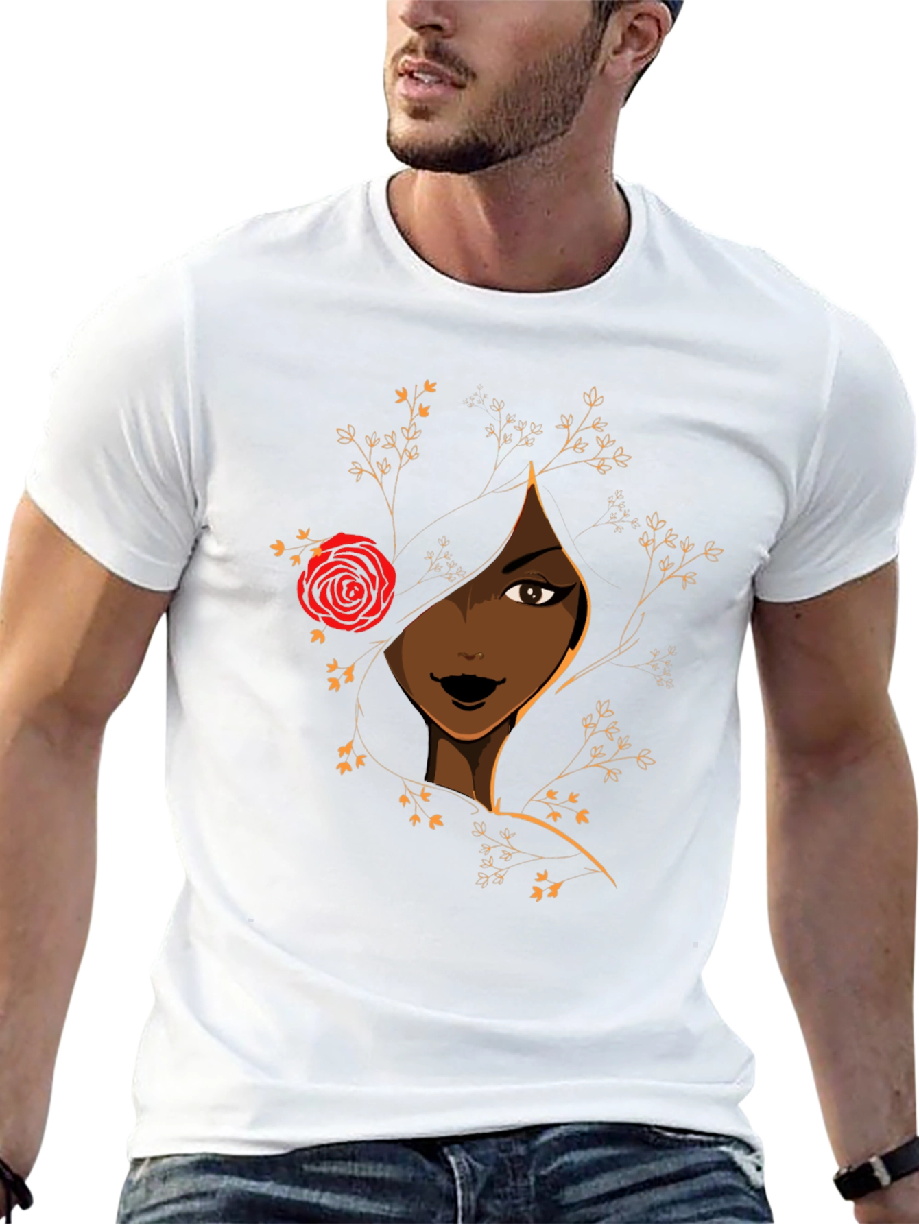 Elegant Woman with Rose Graphic Tee - Black