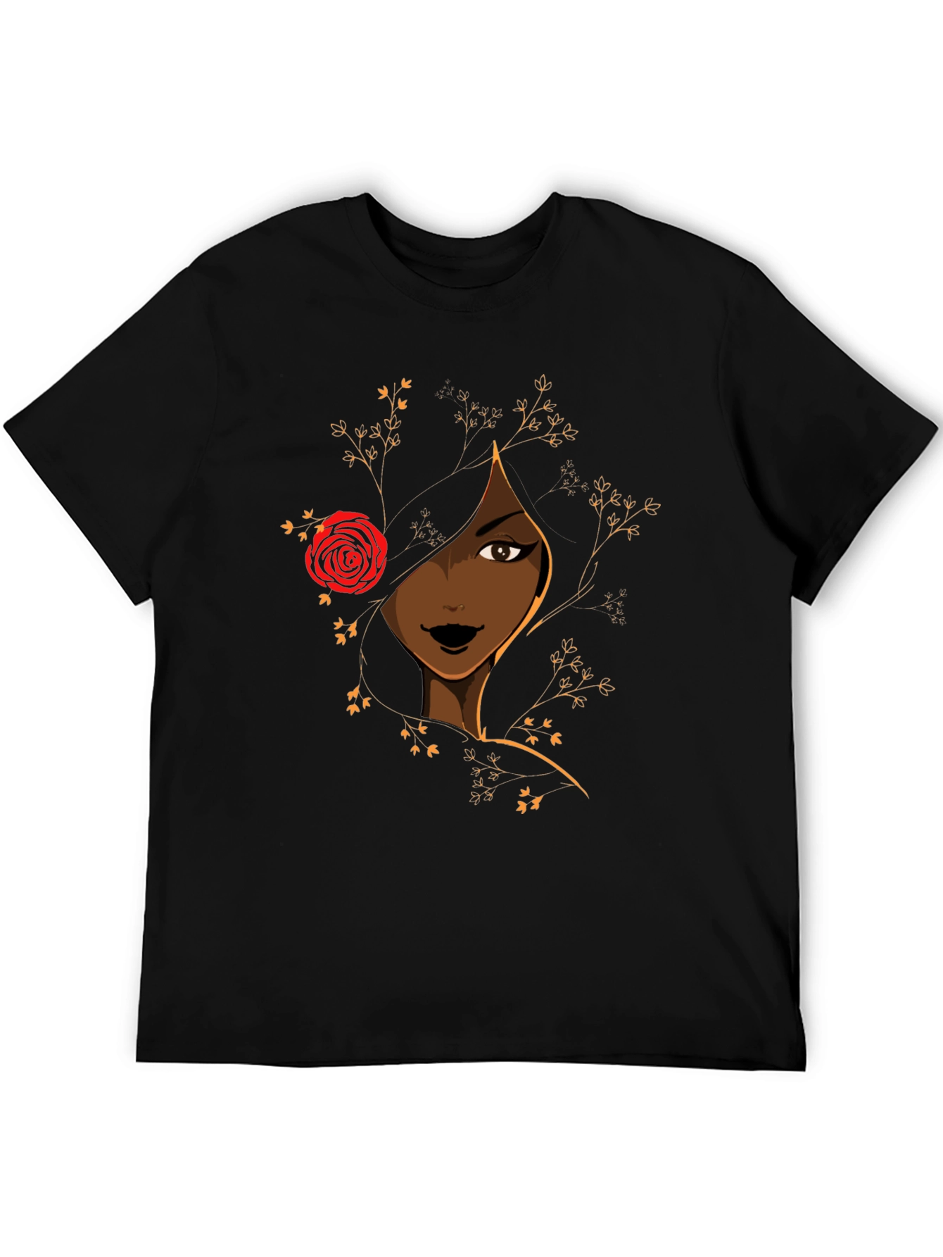 Elegant Woman with Rose Graphic Tee - Black