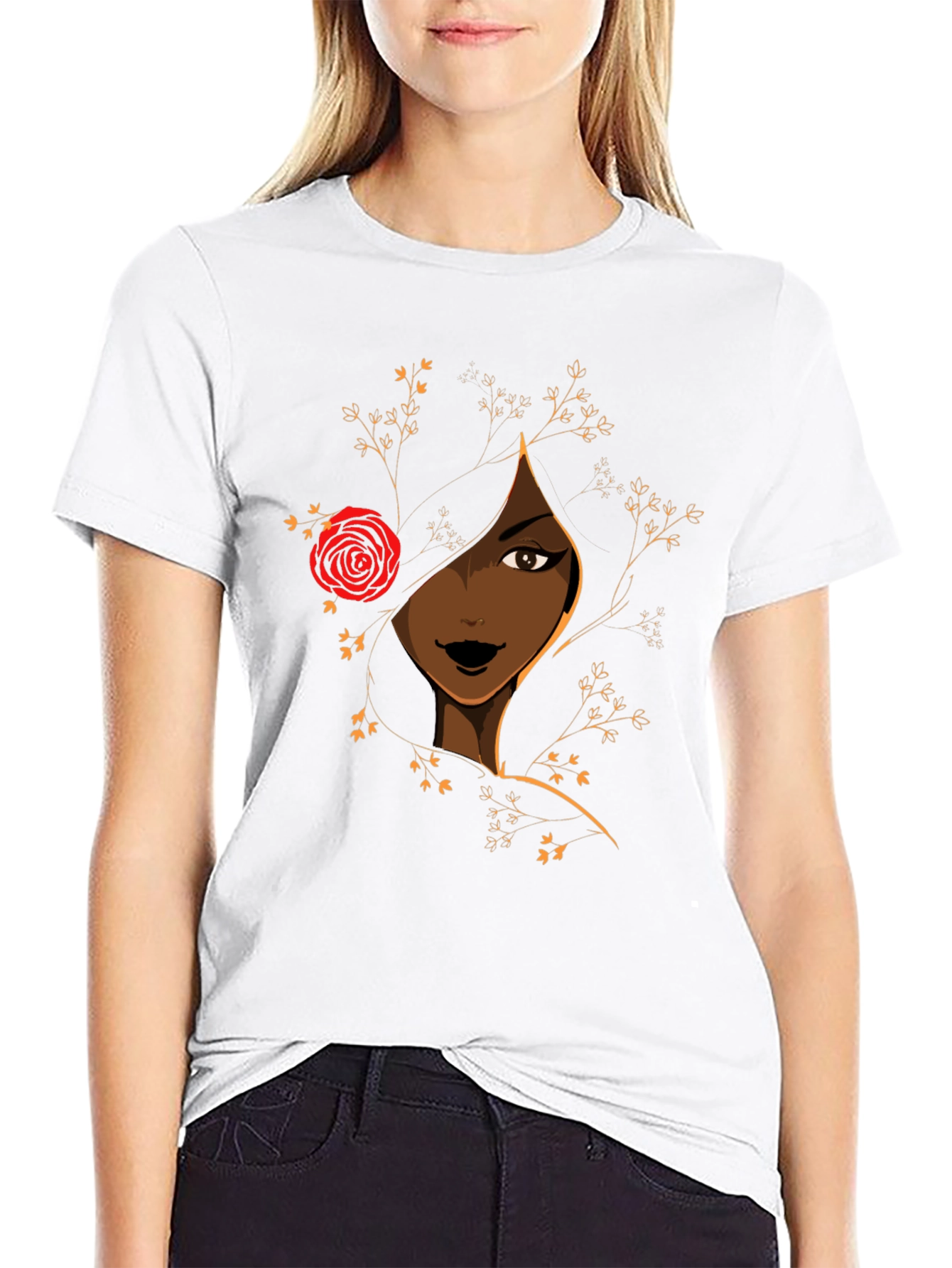 Elegant Woman with Rose Graphic Tee - Black