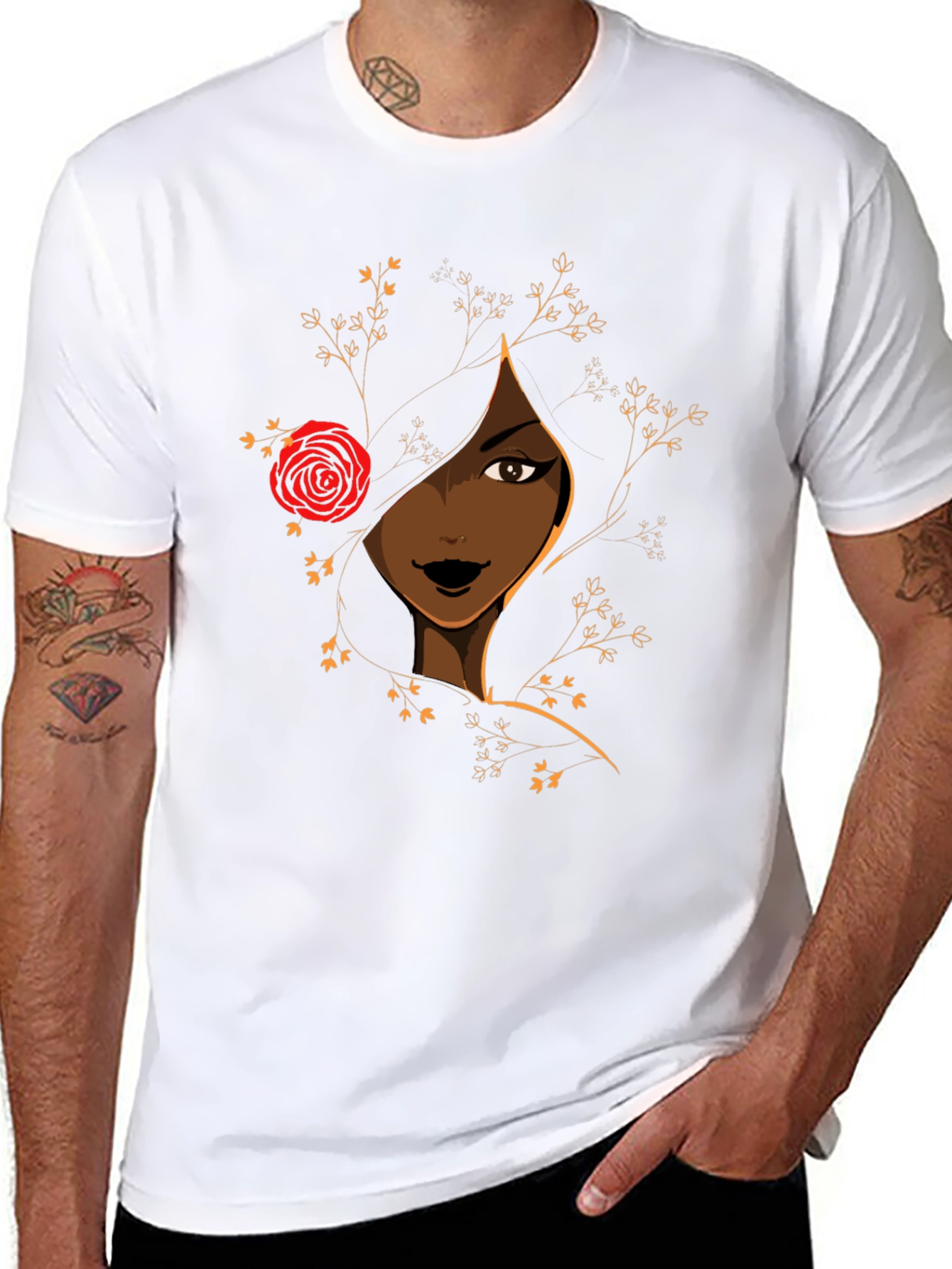 Elegant Woman with Rose Graphic Tee - Black