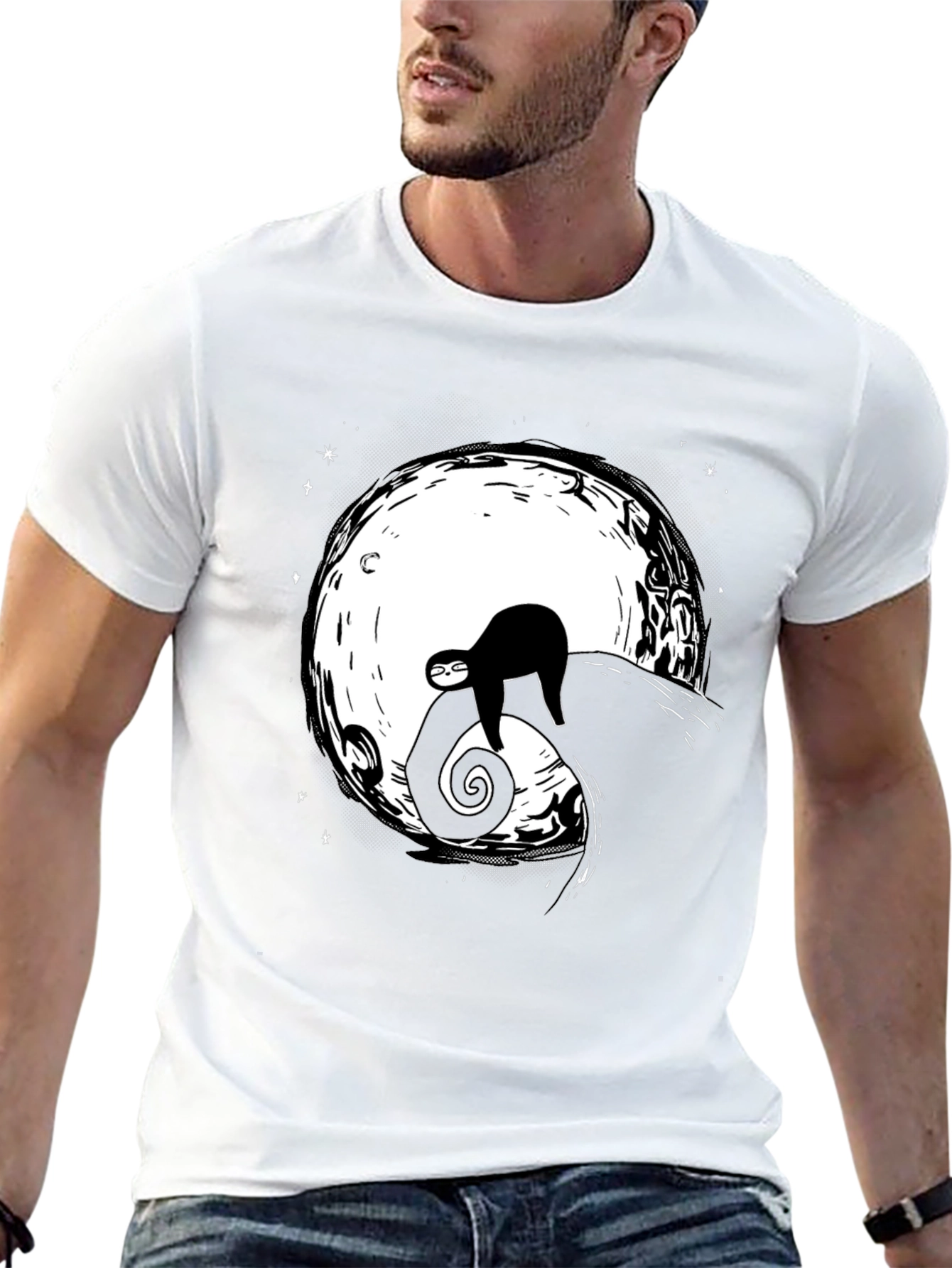 Sloth on Moon Graphic Tee - Unisex Black T-Shirt