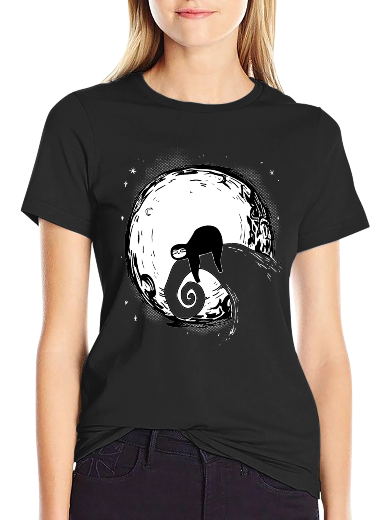 Sloth on Moon Graphic Tee - Unisex Black T-Shirt