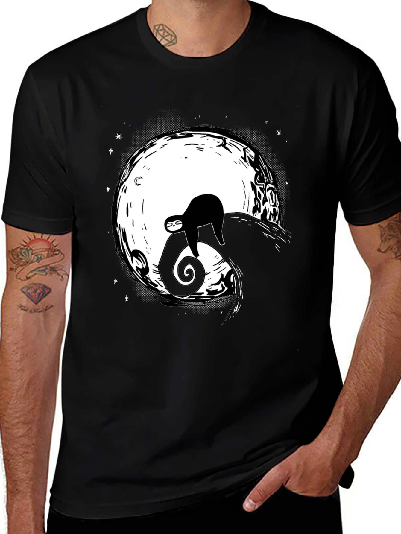 Sloth on Moon Graphic Tee - Unisex Black T-Shirt