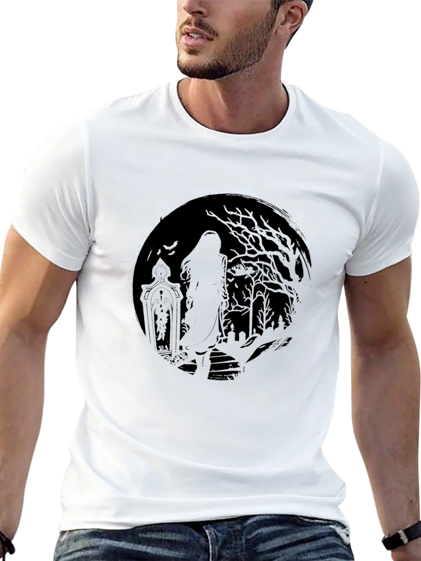 Eerie Graveyard Moon Graphic T-Shirt