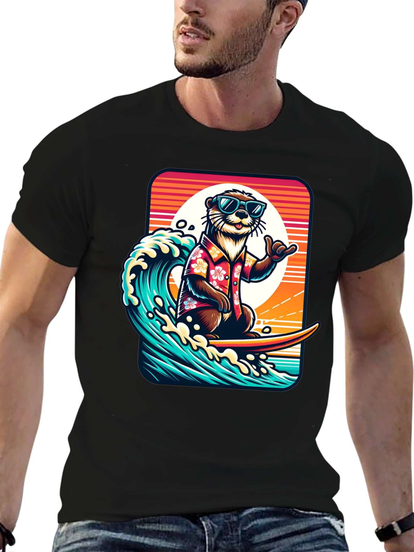 Surfing Otter Graphic Tee - Cool Hawaiian Style