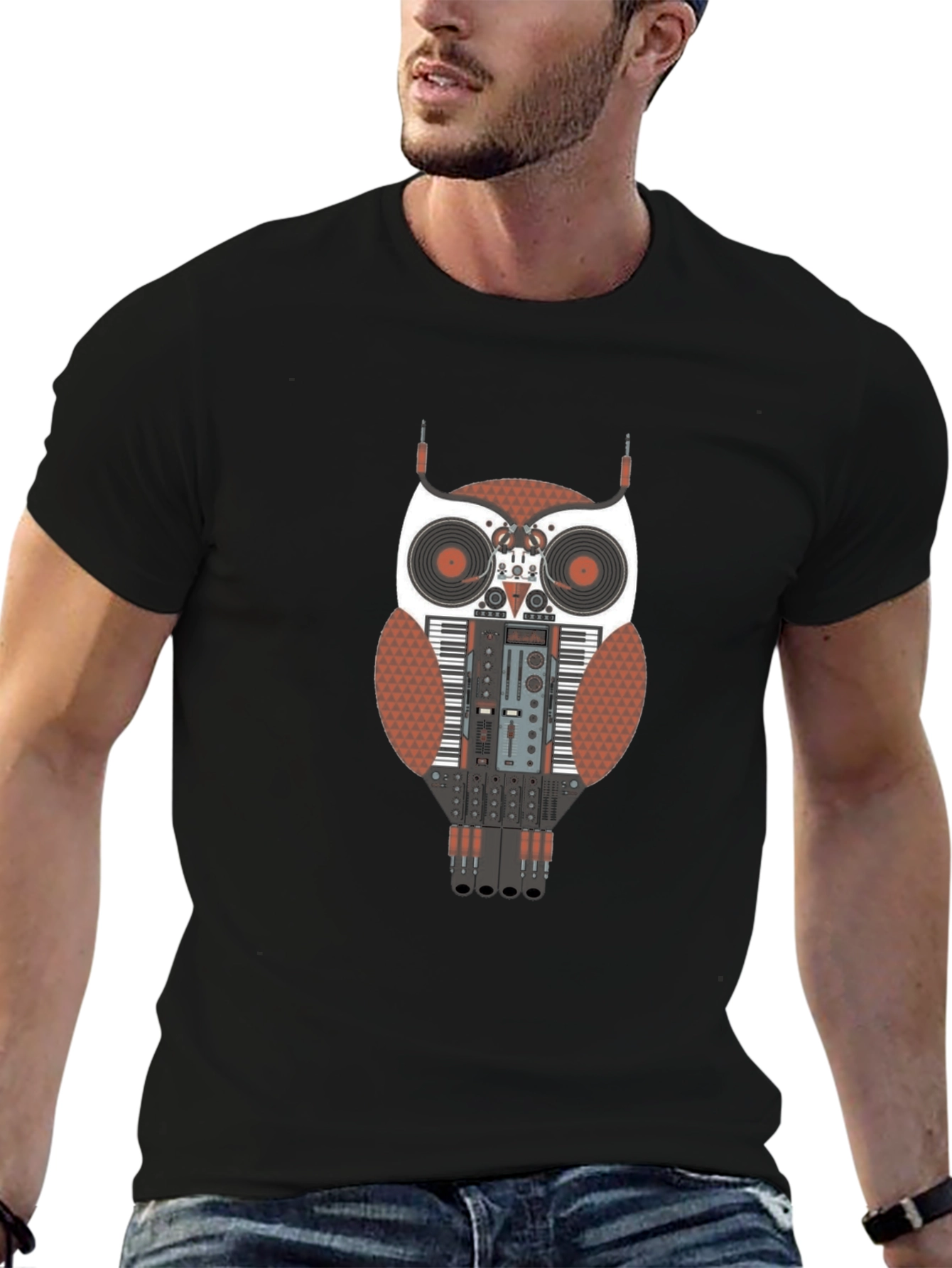 DJ Owl Graphic T-Shirt - Black Cotton Blend Tee