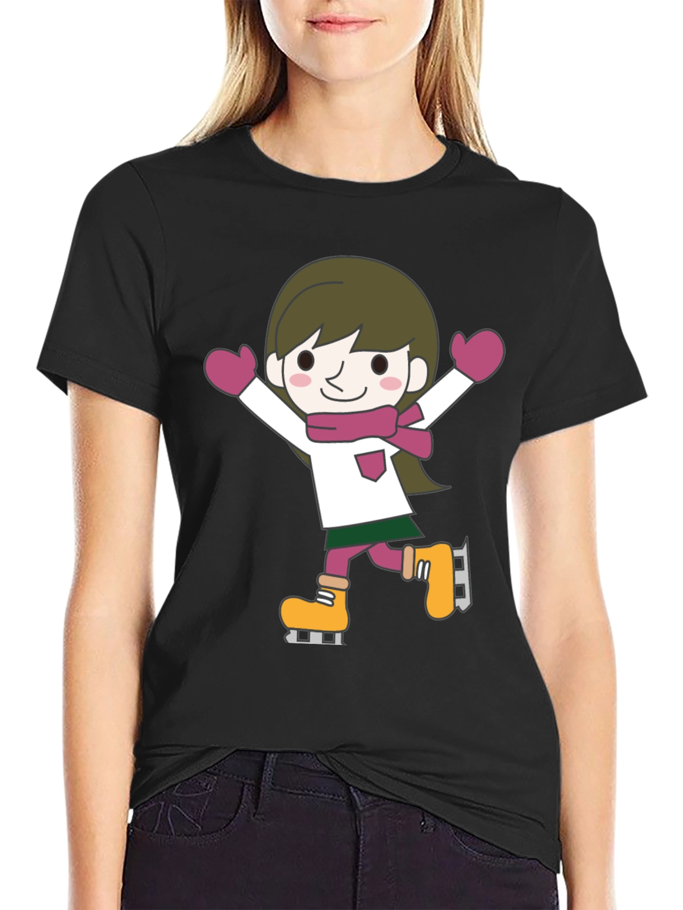 Cute Cartoon Skater Graphic Tee - Black