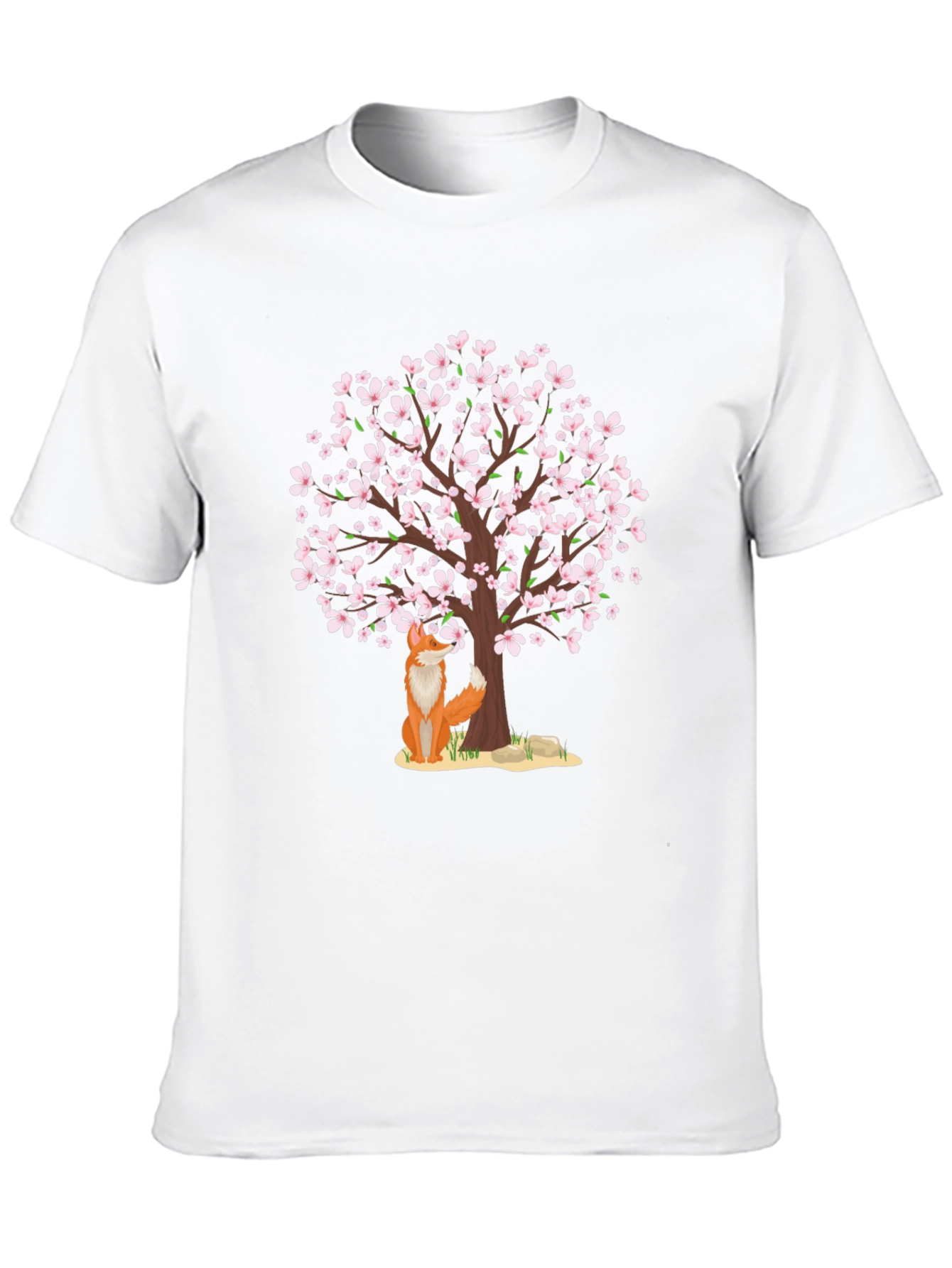 Fox Under Cherry Blossom Tree Black T-Shirt