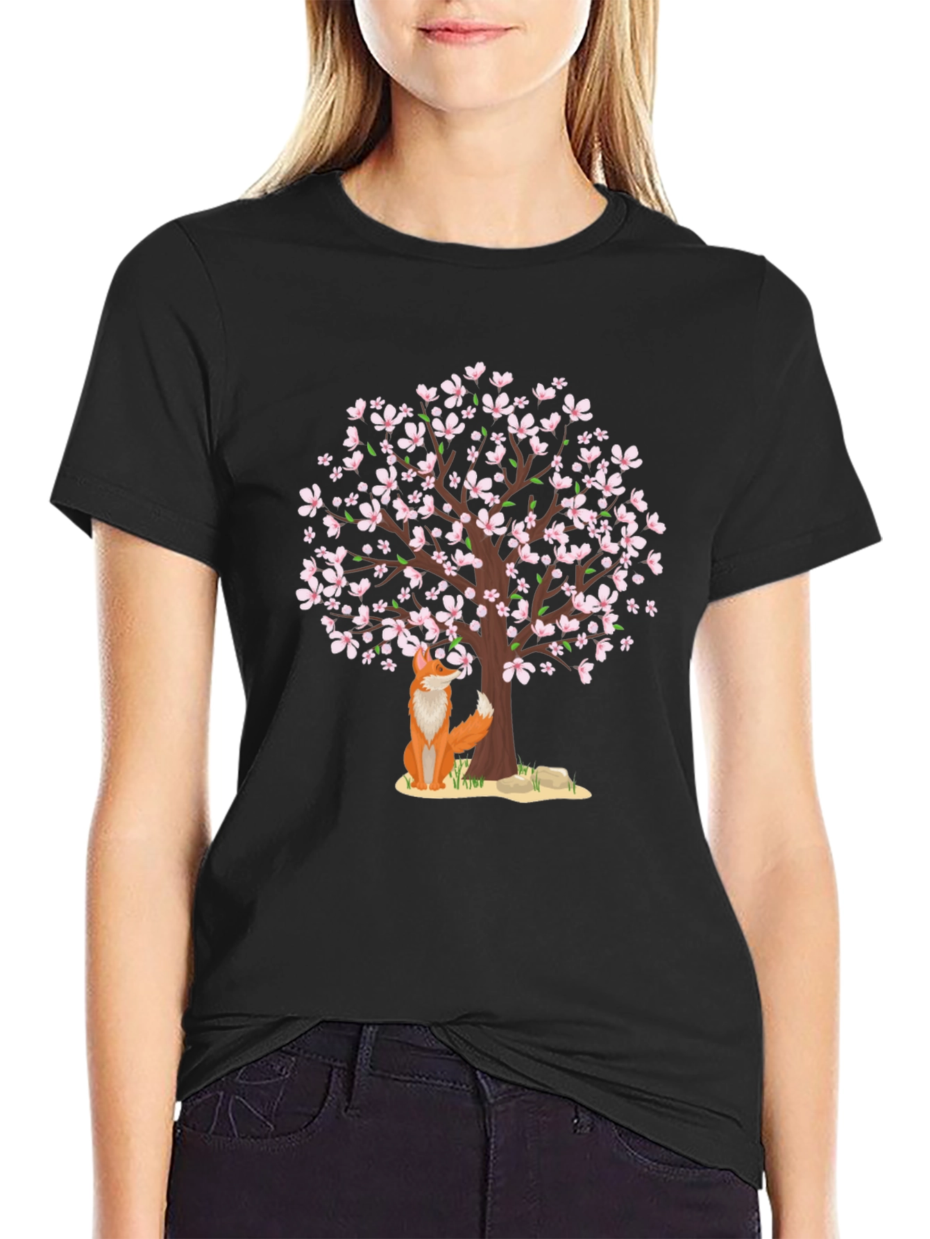 Fox Under Cherry Blossom Tree Black T-Shirt