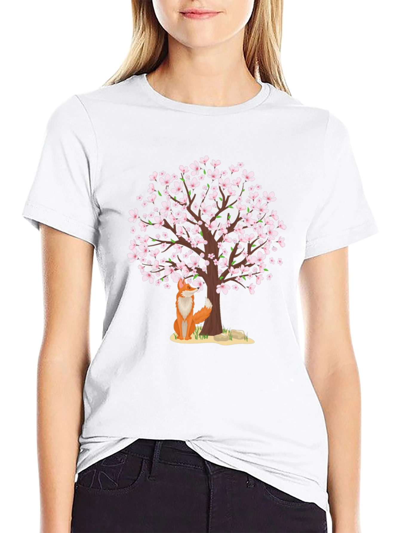Fox Under Cherry Blossom Tree Black T-Shirt