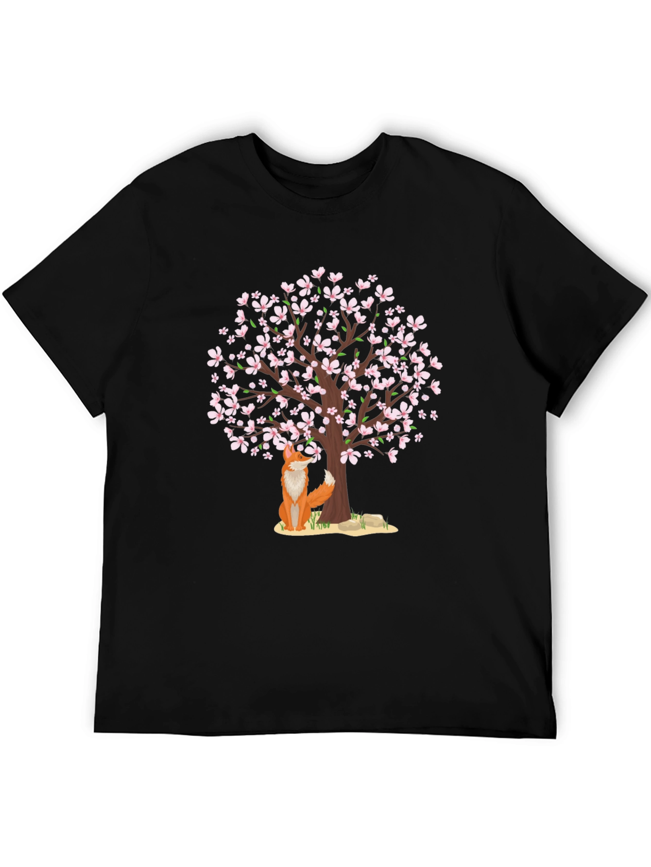 Fox Under Cherry Blossom Tree Black T-Shirt