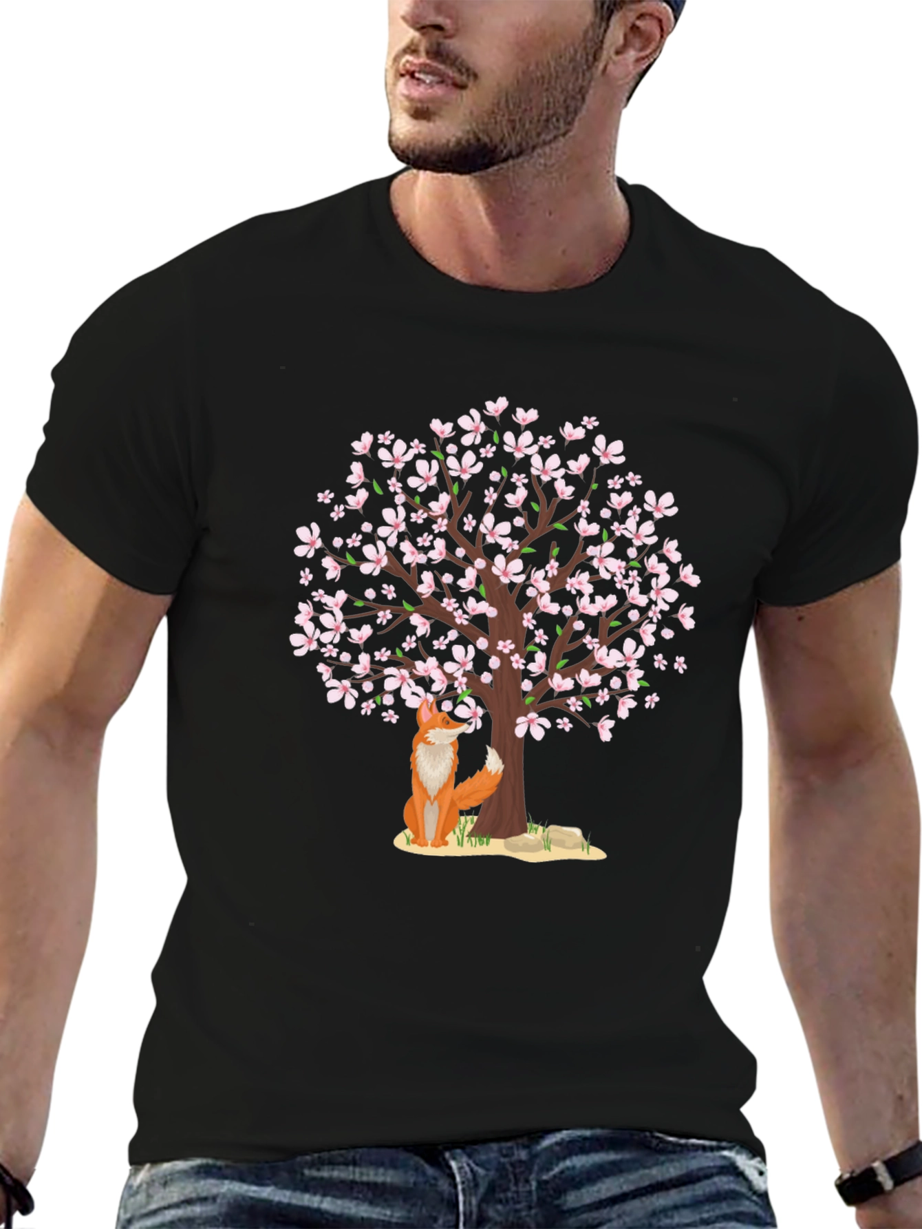 Fox Under Cherry Blossom Tree Black T-Shirt