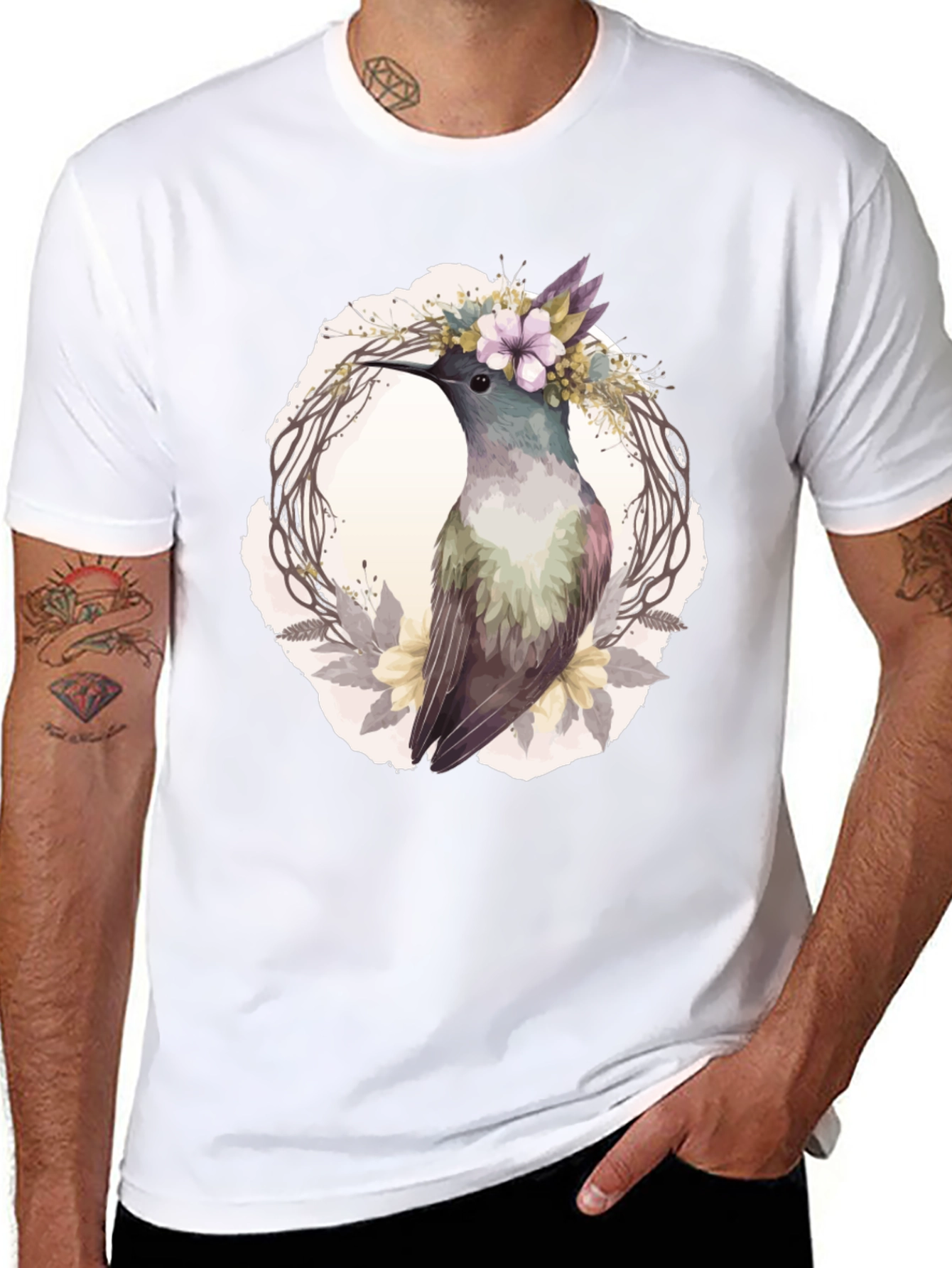 Hummingbird Floral Wreath T-Shirt - Nature Lover Tee