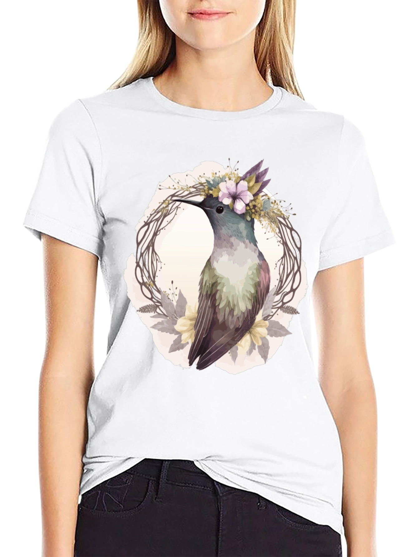 Hummingbird Floral Wreath T-Shirt - Nature Lover Tee