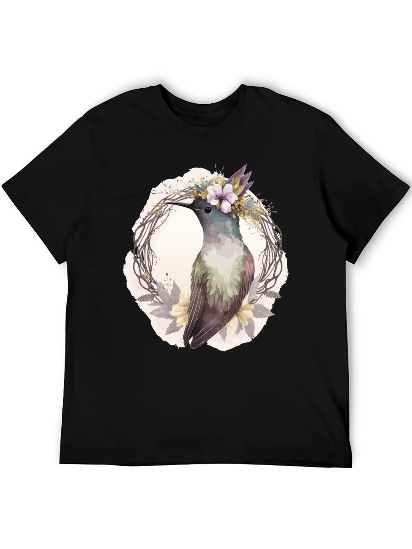 Hummingbird Floral Wreath T-Shirt - Nature Lover Tee