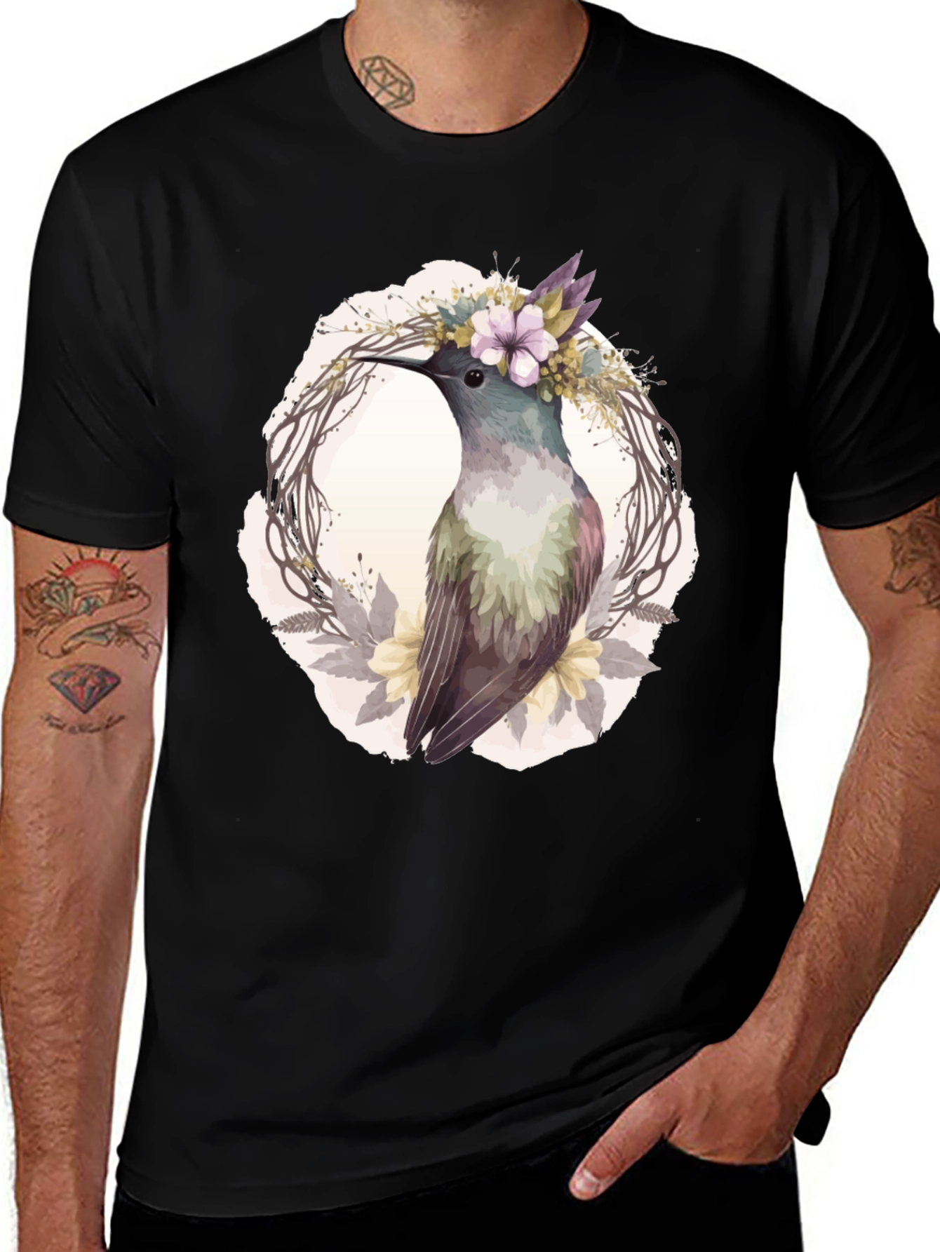 Hummingbird Floral Wreath T-Shirt - Nature Lover Tee