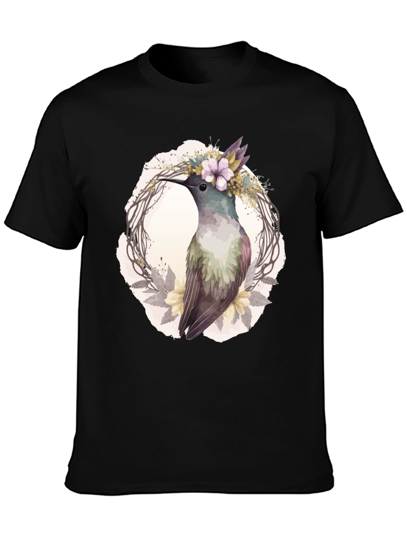 Hummingbird Floral Wreath T-Shirt - Nature Lover Tee