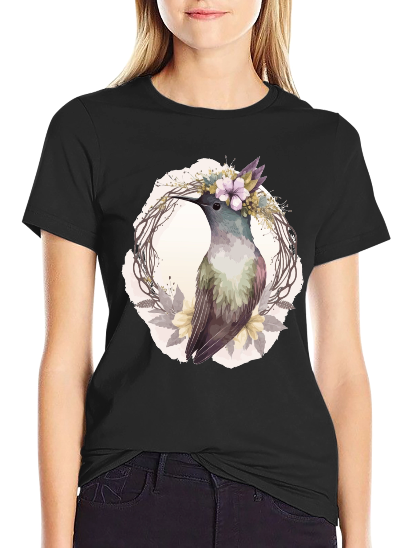 Hummingbird Floral Wreath T-Shirt - Nature Lover Tee