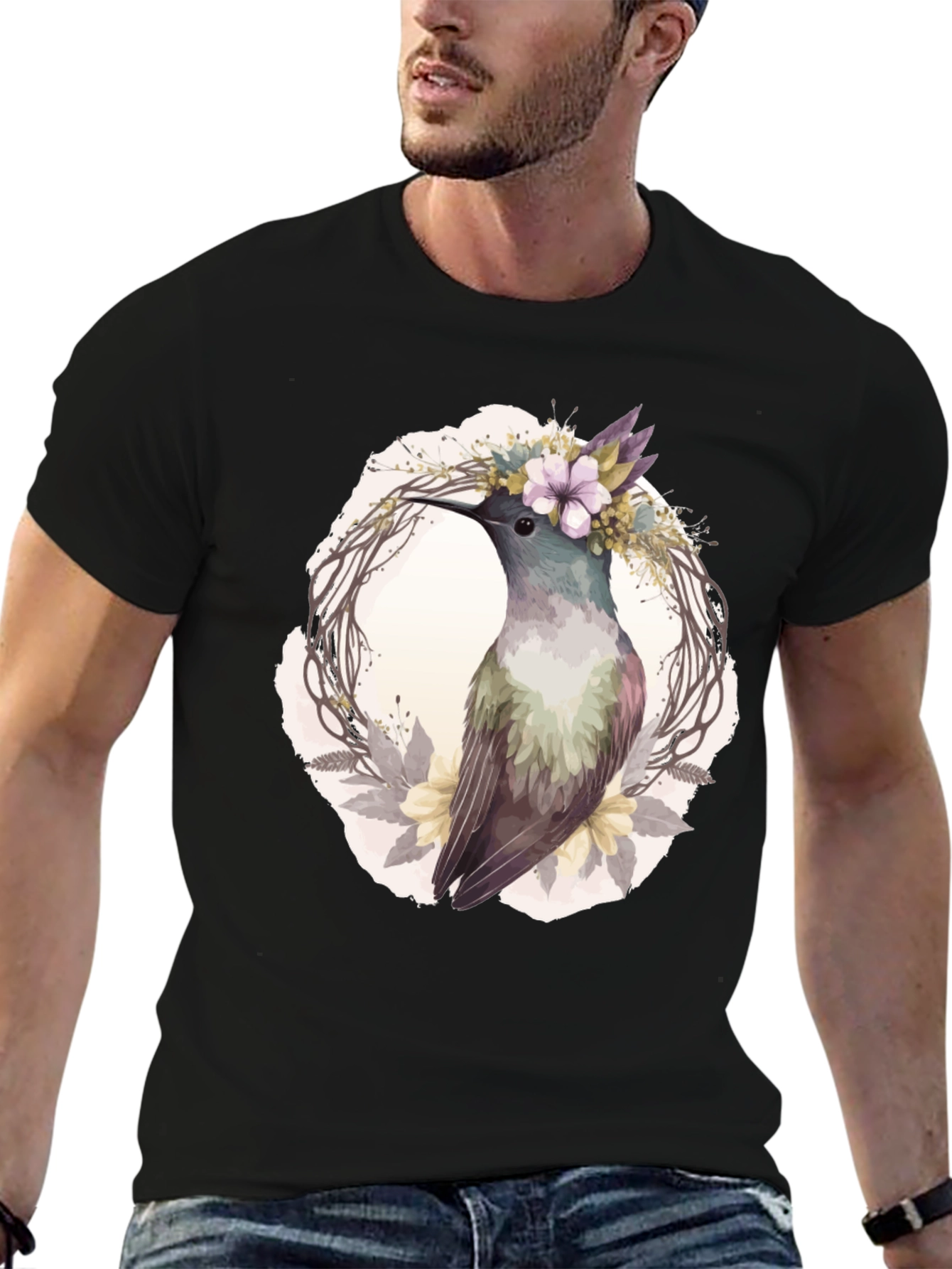 Hummingbird Floral Wreath T-Shirt - Nature Lover Tee