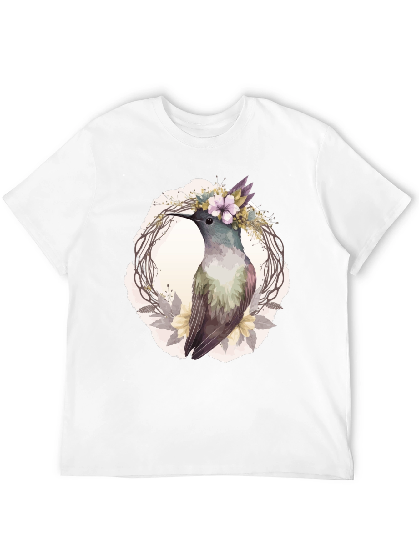 Hummingbird Floral Wreath T-Shirt - Nature Lover Tee