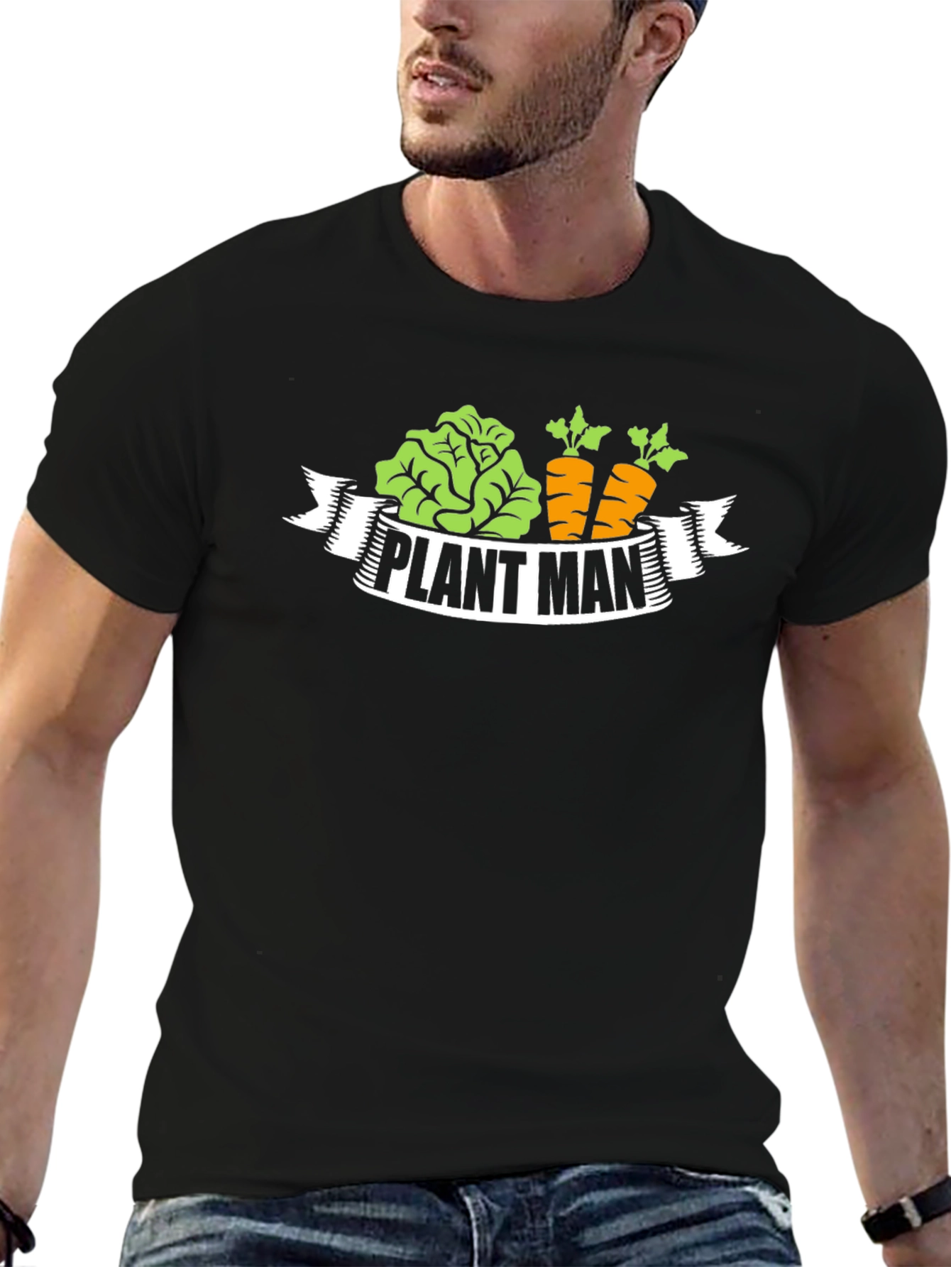 Plant Man T-Shirt - Black Gardening Vegan Carrots Lettuce