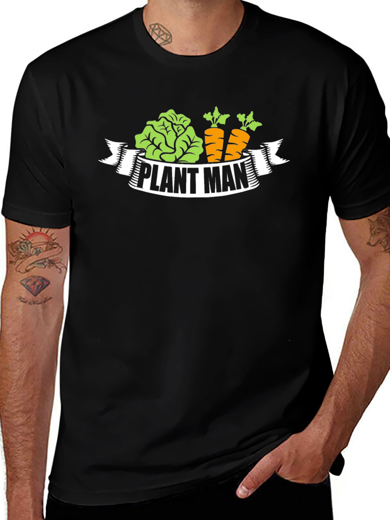 Plant Man T-Shirt - Black Gardening Vegan Carrots Lettuce