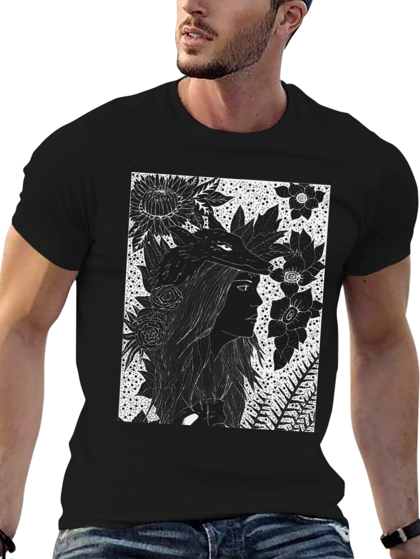 Black Floral Wolf Graphic Tee