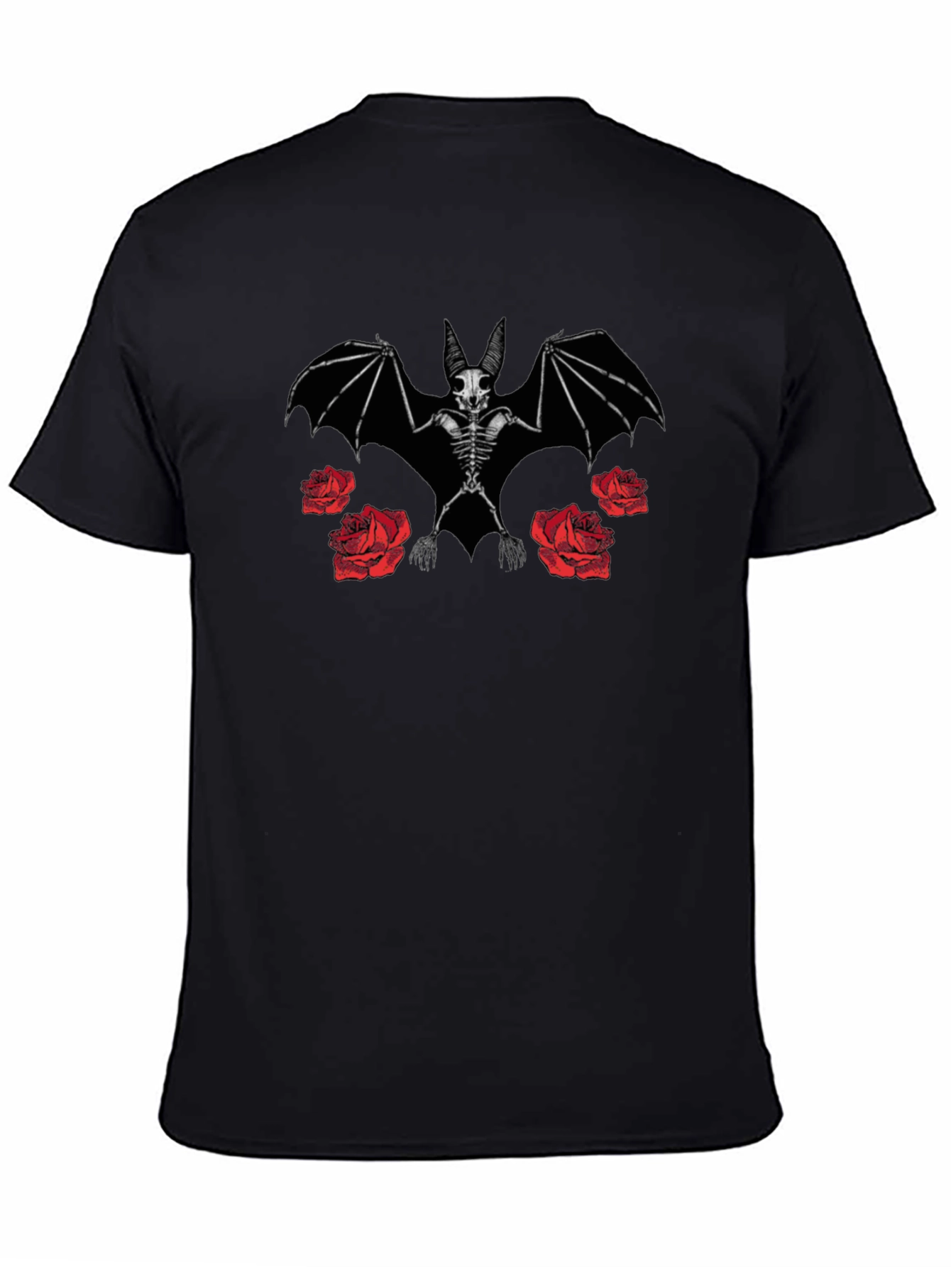 Bat Skeleton and Roses Graphic Print Black T-Shirt
