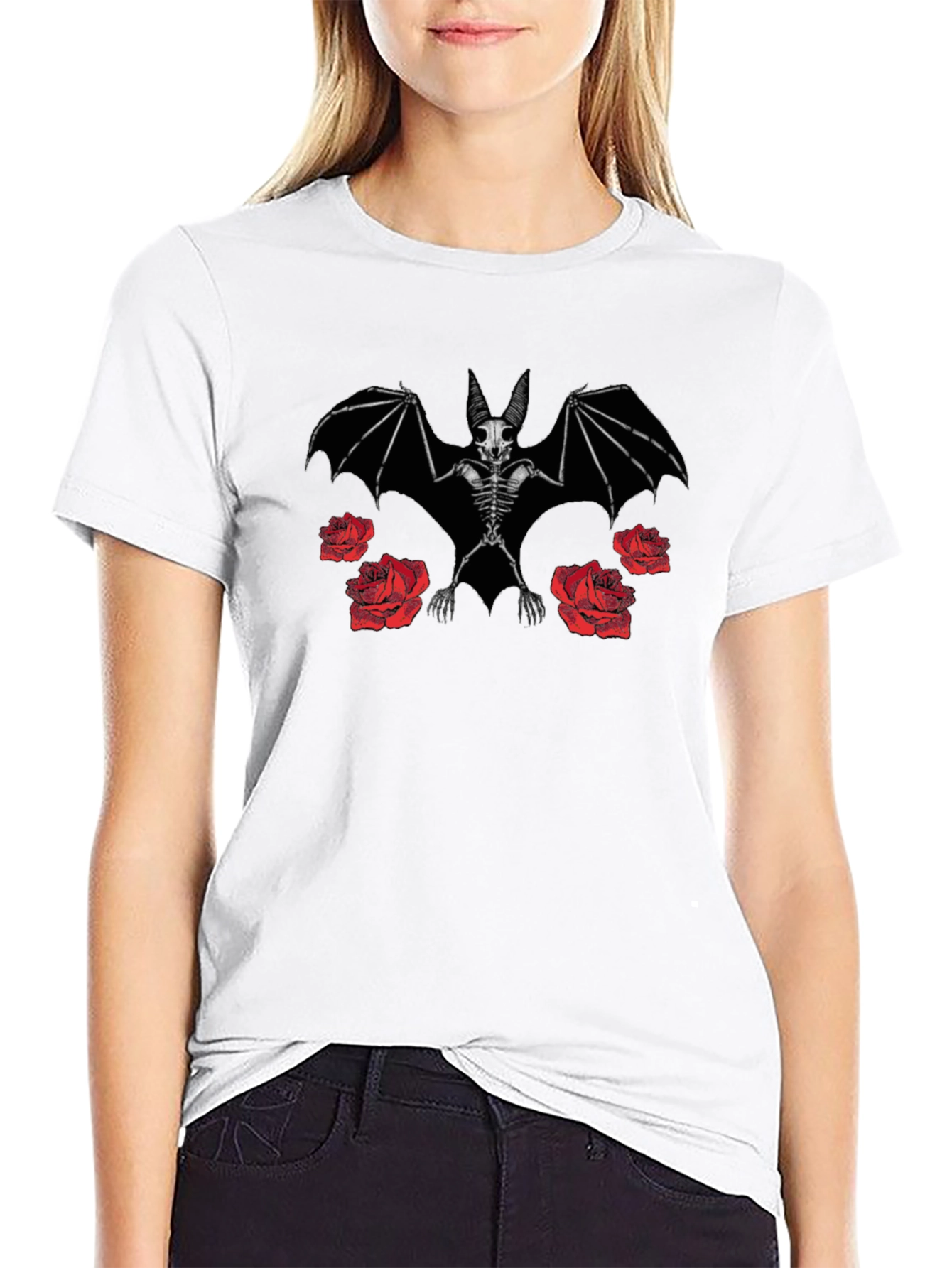 Bat Skeleton and Roses Graphic Print Black T-Shirt